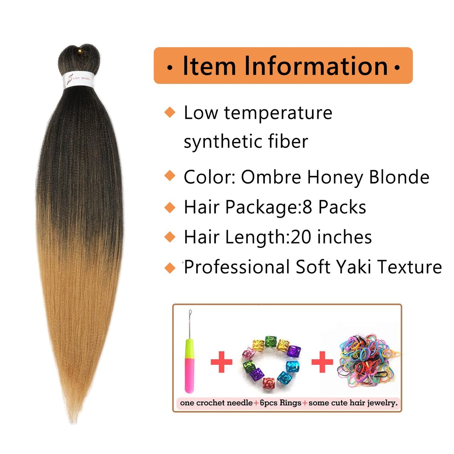 8 Packs 20-Inch Ombre Pre-Stretched Braiding Hair - Soft Yaki Texture Extensions
