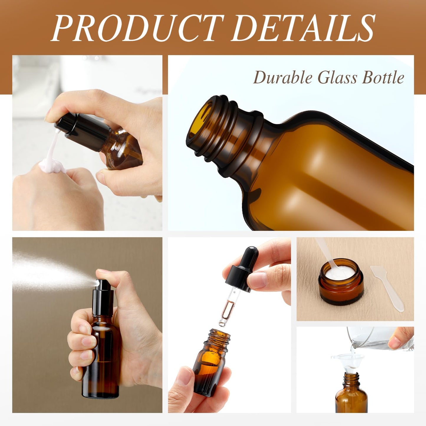 Jingmore 13 Pcs Glass Skincare Travel Containers Mini Makeup Containers Travel Size Toiletries Bottles with Pump Spray and PU Leather Toiletry Bag for Liquid Serum Cream Moisturizers Oils(Brown)