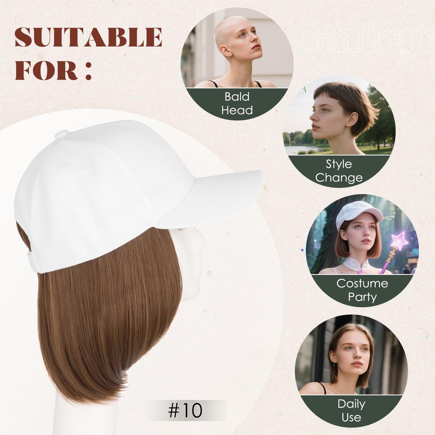 Hairro Wig Hat For Women Baseball Cap With Hair Extensions Synthetic Fake Hair 6" 150g #10