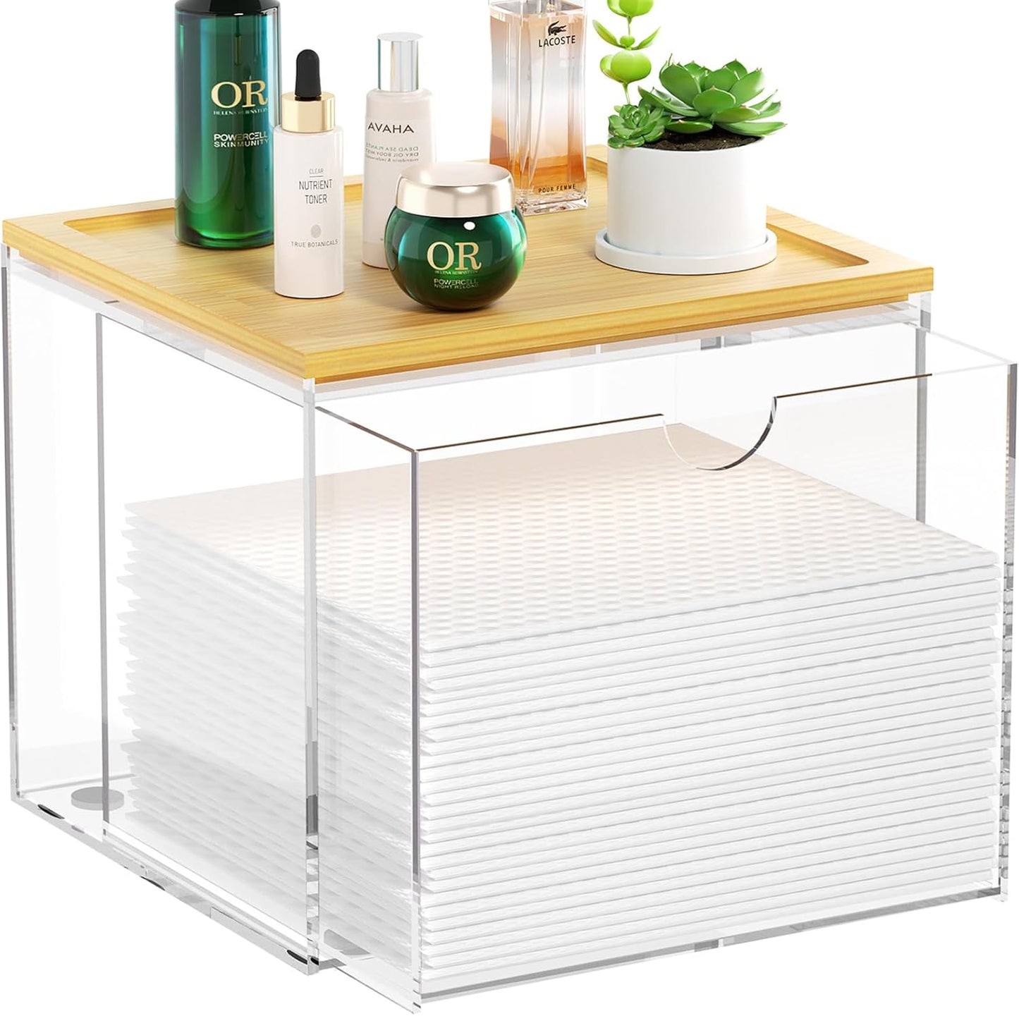 VITVITI Acrylic Face Towel Holder Box - Large Disposable Towel Storage with Bamboo Lid for Bathroom & Vanity