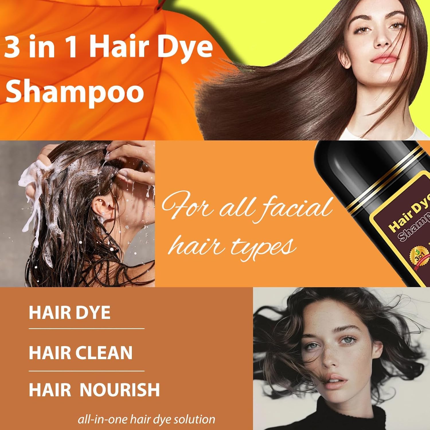 Natural Dark Coffee Hair Dye Shampoo 3-in-1 for Long-Lasting Gray Coverage - 16.9 Fl Oz