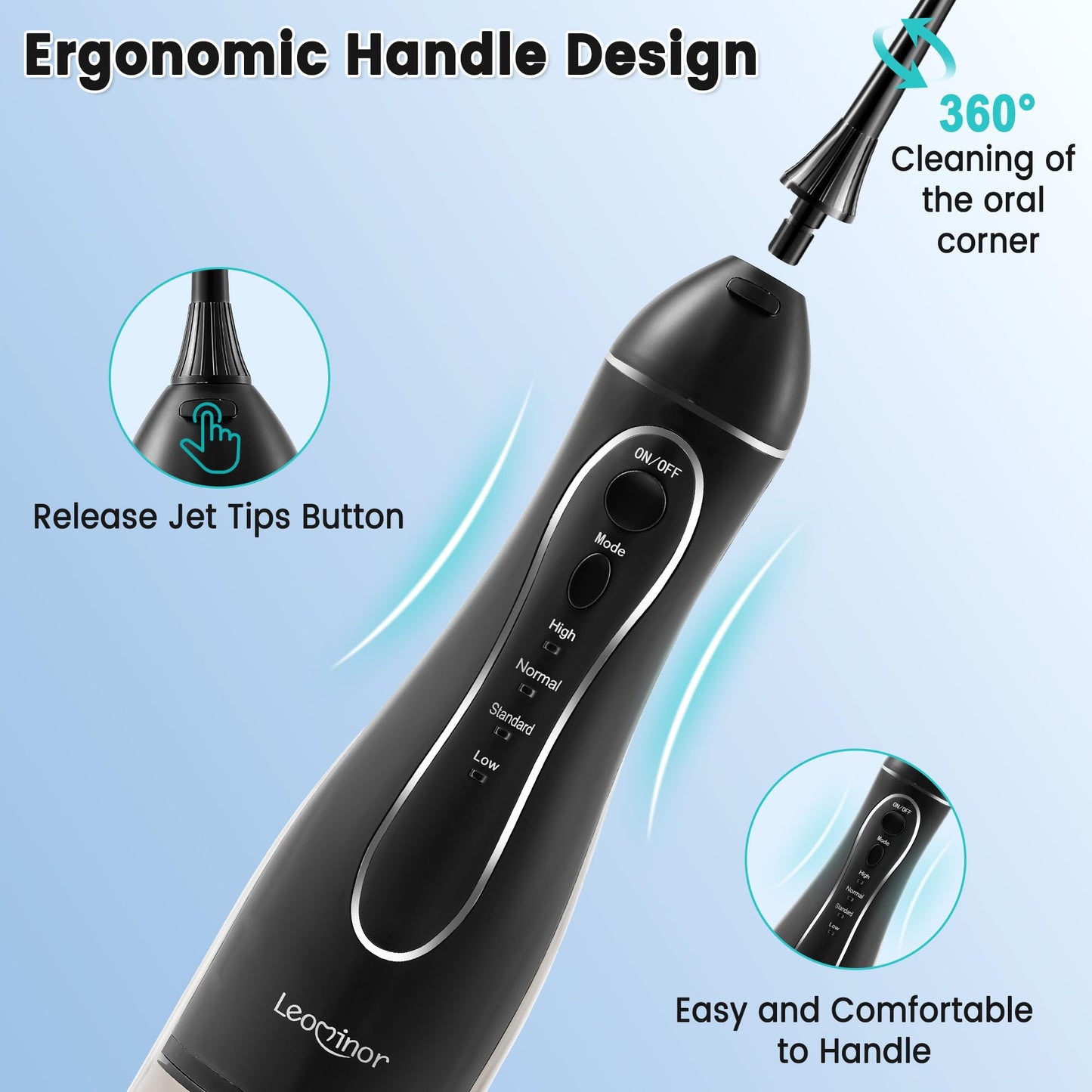 Leominor Water Dental Flosser Pick for Teeth, 300ML Portable Oral Irrigator Upgraded Tank Removable,IPX7 Waterproof, Rechargeable Travel Teeth Cleaner, Professional Electric Flossing Machine (Black)