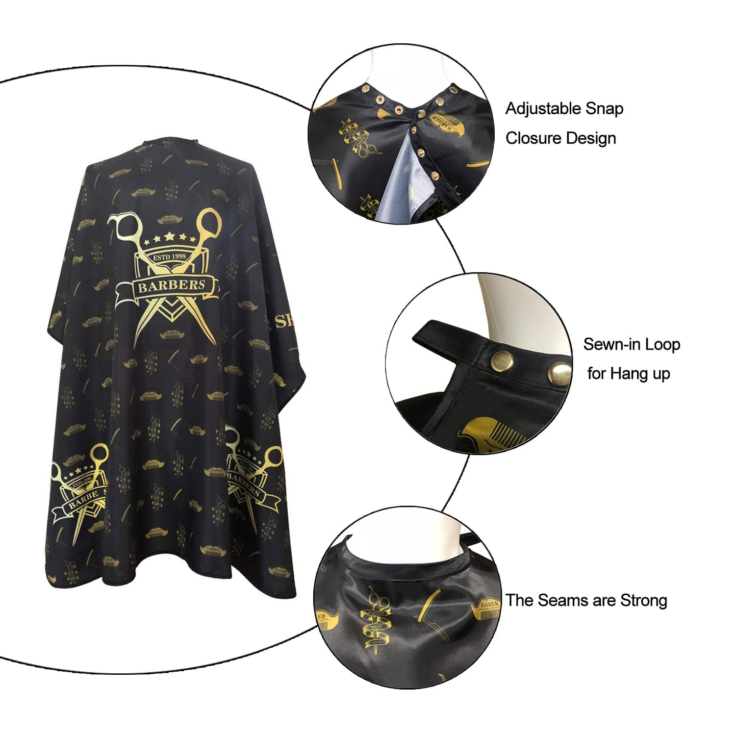Barber Capes for Men, Hair Cutting Cape with Metal Snap Closure, Professional Salon Cape, Large Waterproof Hairdressing Cape for Hairstylist- 63”× 56” (Black & Gold)