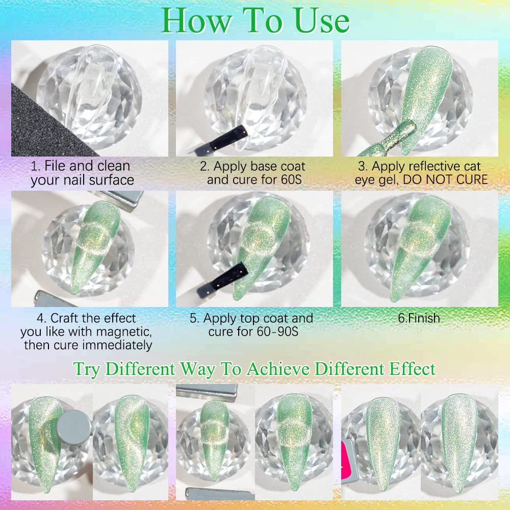 12-Pc MIZHSE Neon Cat Eye Gel Nail Polish Set - Magnetic Soak Off Manicure Kit, Blue Green Purple