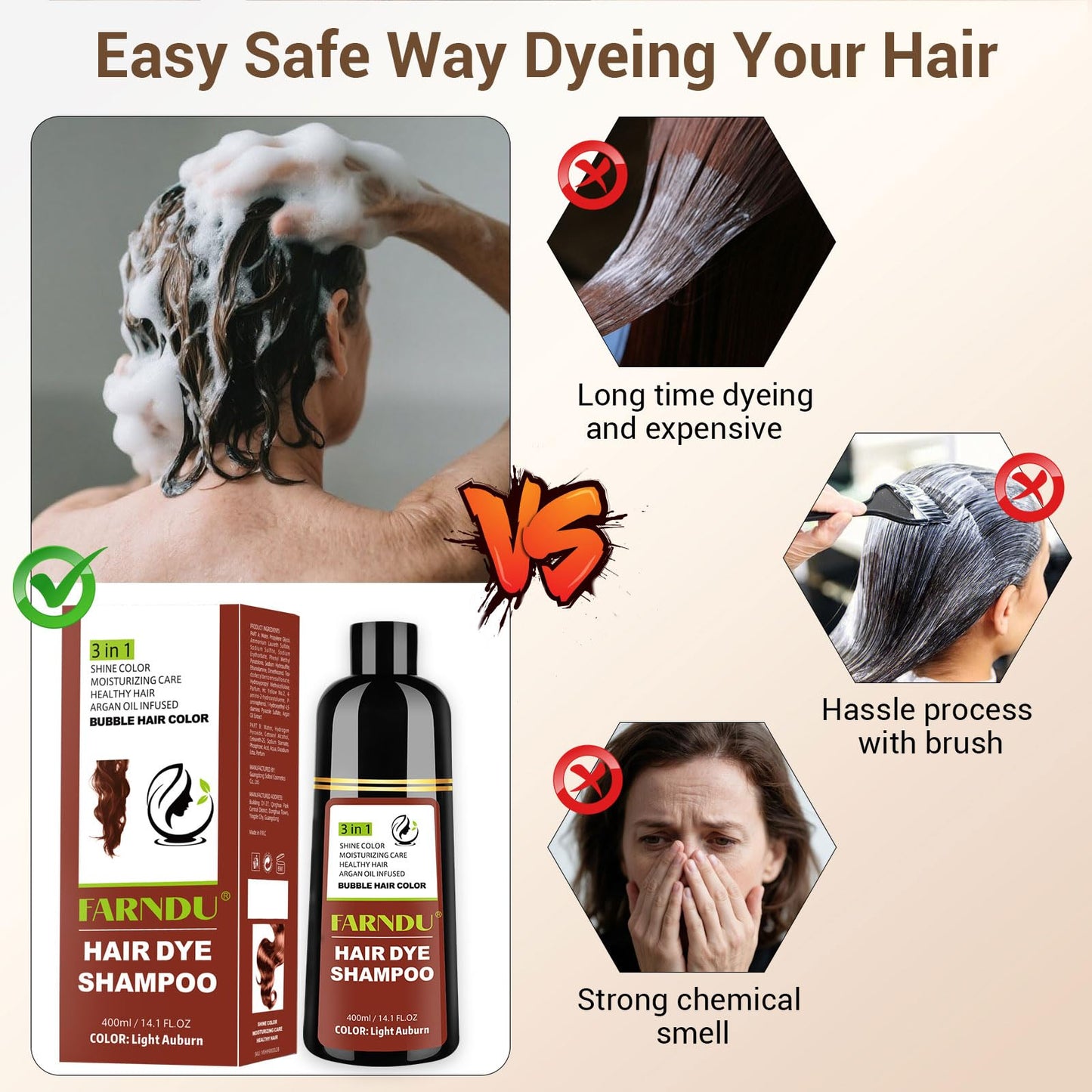 Farndu Light Auburn Hair Dye Shampoo for Women Men Gray Hair Coverage and Herbal Ingredients 3 In 1 Hair Color Shampoo