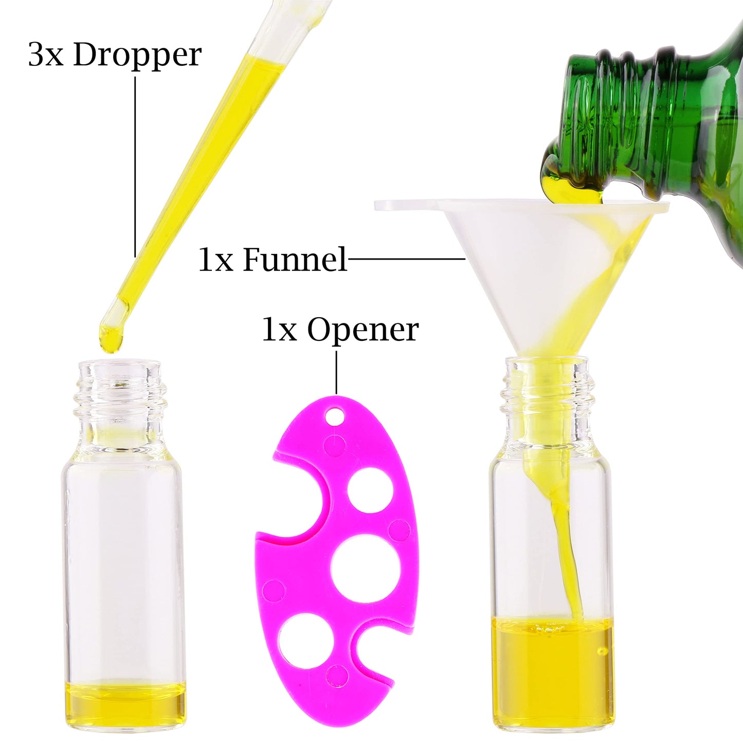 MaxMau Roller Bottles for Essential Oils, 24pcs 5ml Roll on Bottle Clear Glass Sample Test Refillable with Opener Funnel Dropper Golden Cap For Home Travel