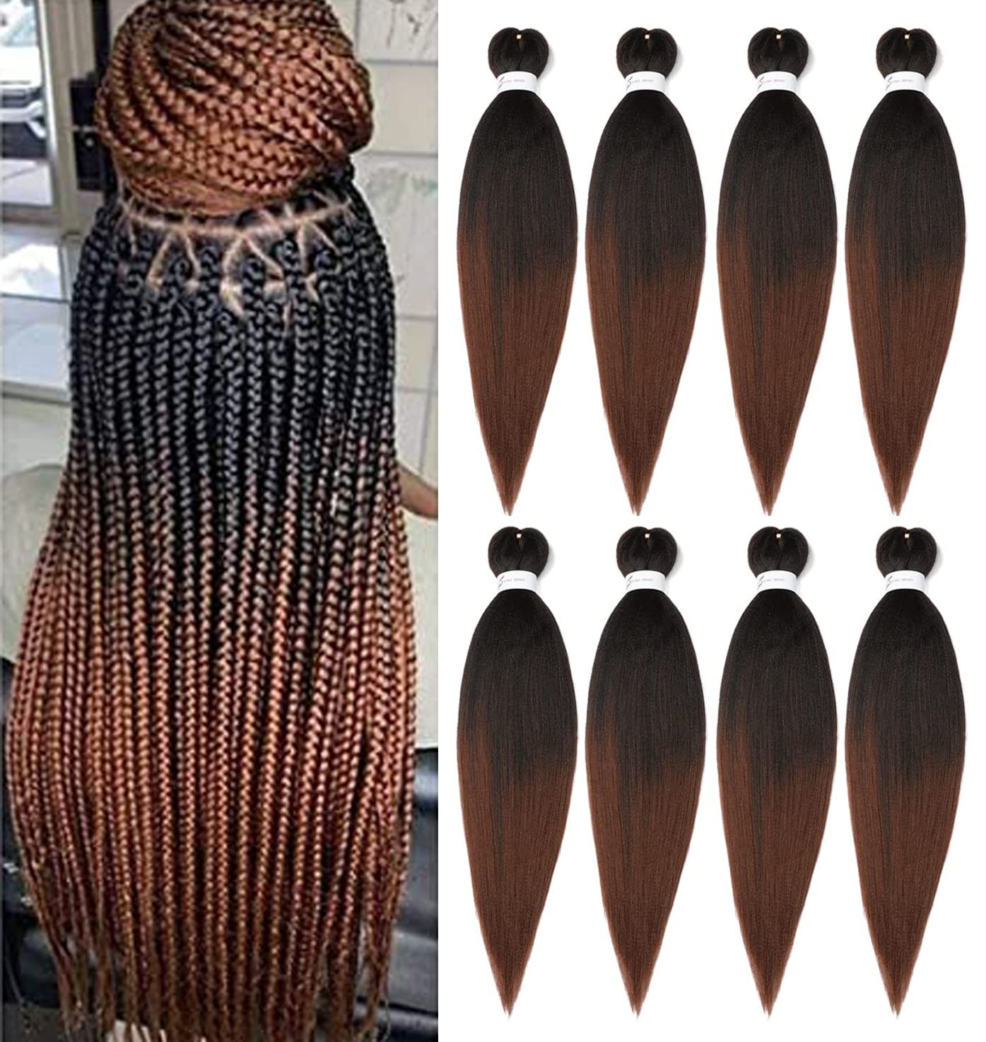 8 Packs 20-Inch Ombre Pre-Stretched Braiding Hair - Soft Yaki Texture Extensions