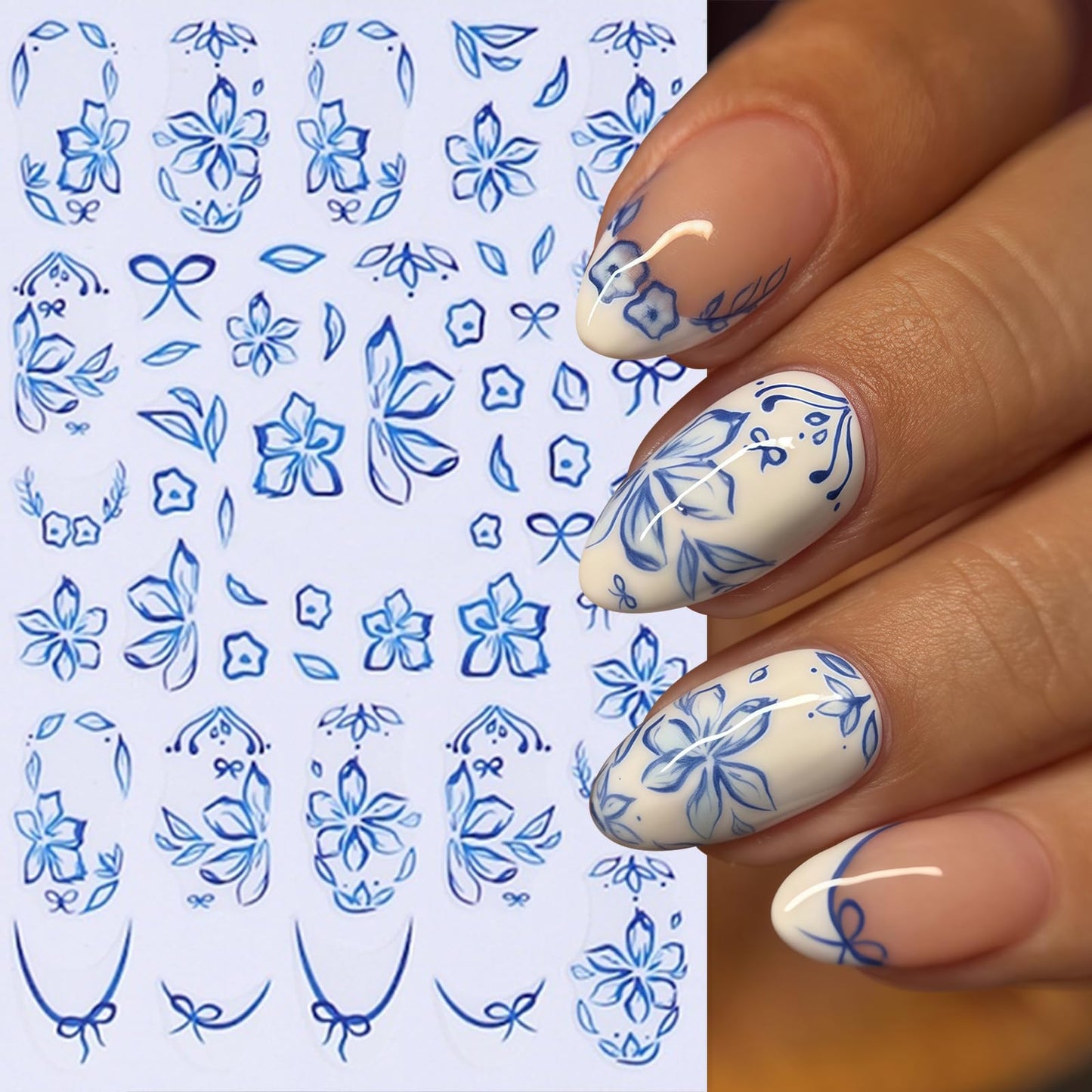8Sheets Flower Nail Stickers for Nail Art Blue Bow French Line Nail Decals 3D Self-Adhesive Butterfly Leaf Floral Designs Nail Supplies Manicure Accessories for Spring Summer DIY Nails Art Decoration