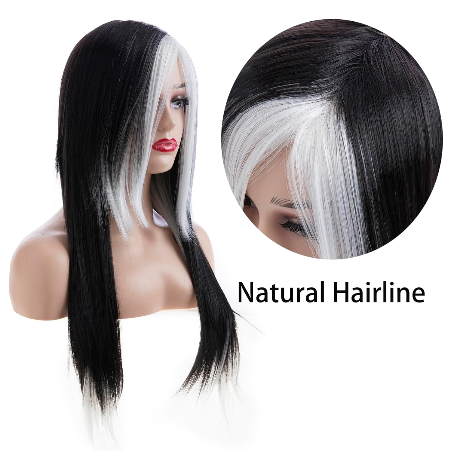 Silky Straight Long Red Black Wig with Side Bangs - Heat Resistant Synthetic Hair for Halloween