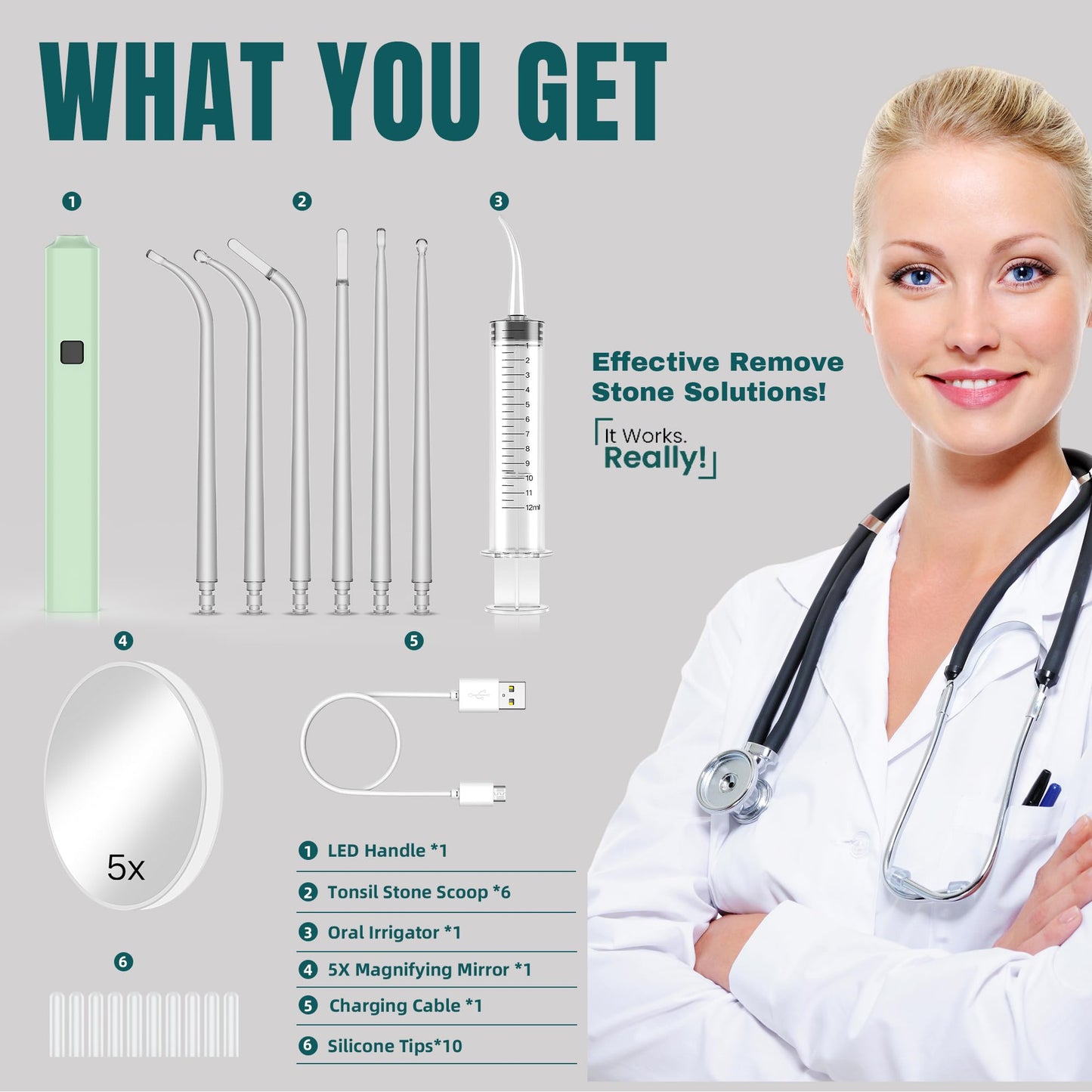 EVNRH 2025 Best Tonsil Stone Remover 6pcs Extended LED Light Guiding Scoop Curved Tonsil Stone Removal Kit Remove Tonsil Stone Water Flosser Oral Irrigator Tool Rinse Syringe Cleaner Fresh Breath Soft