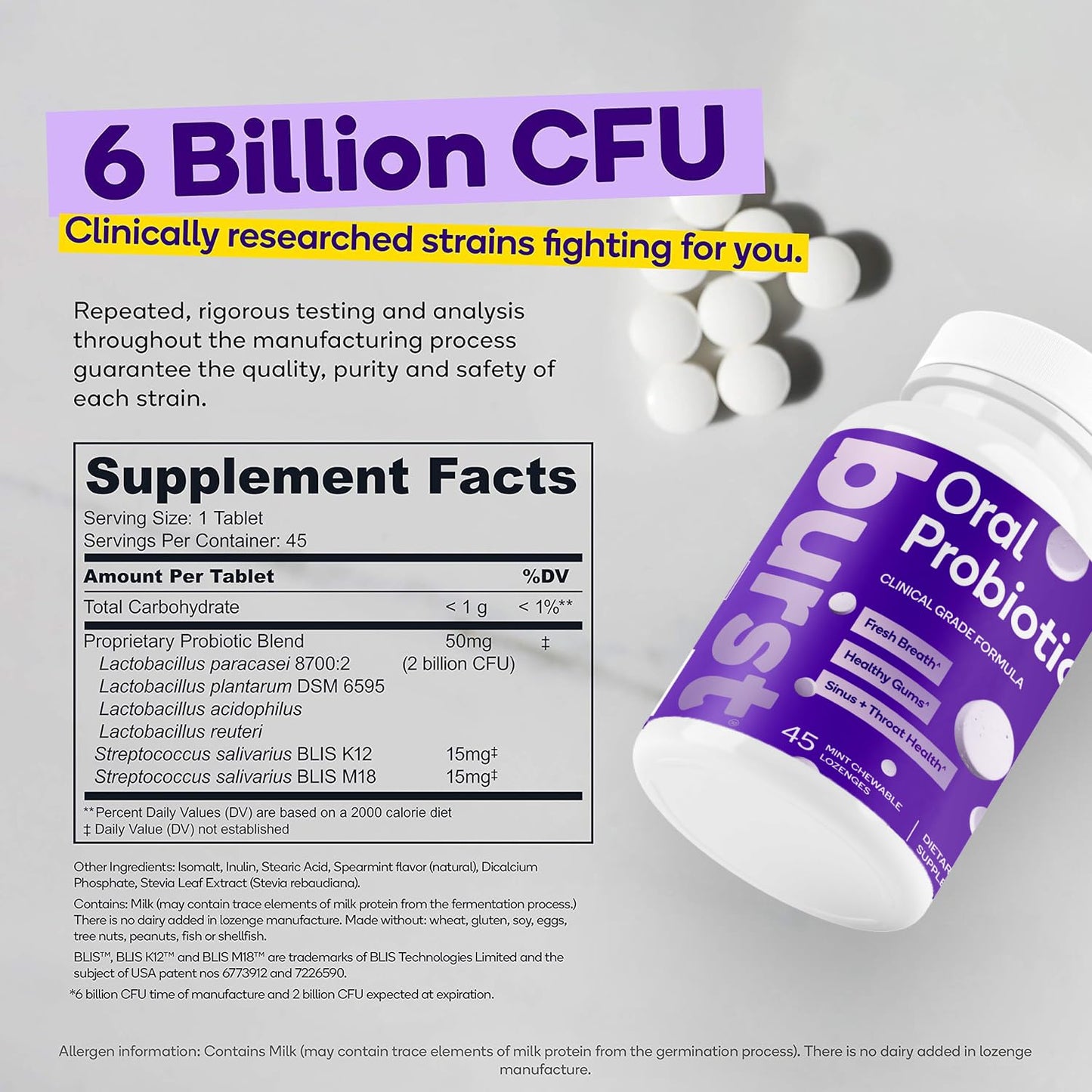 Burst Dental Probiotics (45 Count) | Healthy Oral Cavity, Bad Breath, Immune System & Sinus Support | Promotes Upper Respiratory Health and Beneficial Bacteria | Blis K12 & M18 | Packaging May Vary