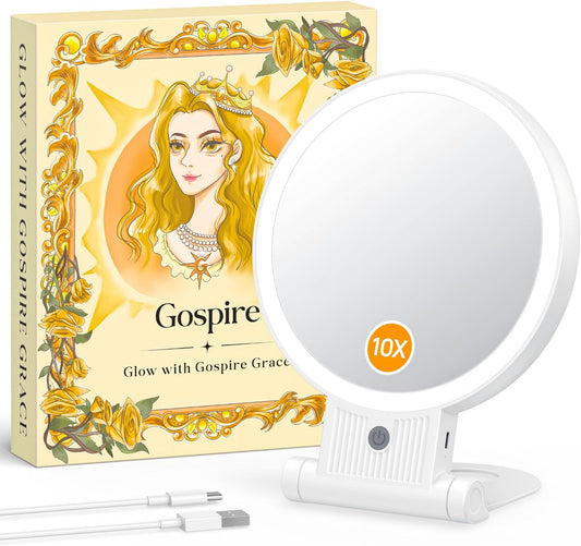 7.5” Lighted Makeup Mirror with 1X/10X Magnification - Rechargeable LED, 3 Color Modes, Adjustable Handle for Travel & Desk Use - White