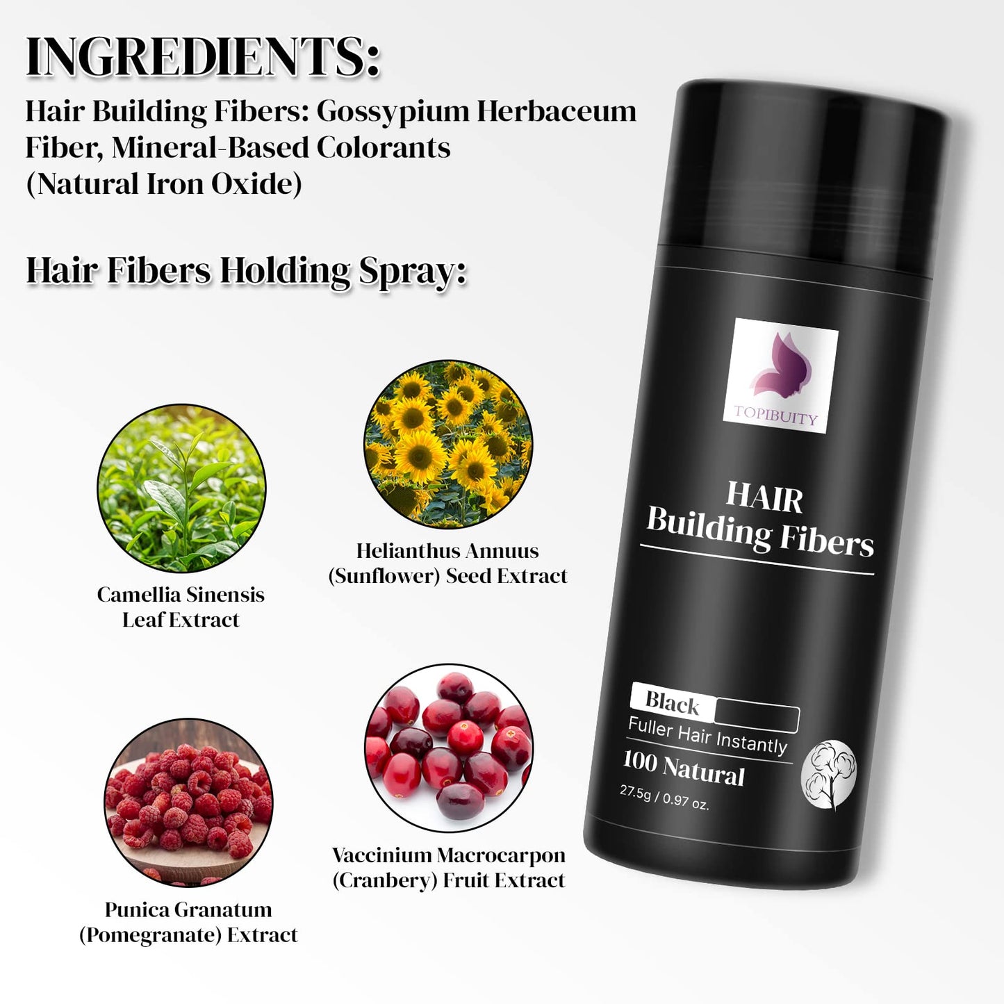 TOPIBUITY Hair Thickening Fibers & Applicator Set - Natural Long-Lasting Concealer for Fuller Hair, Thicker Beard & Crisp Hairlines (BLACK)