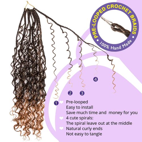 Goddess Box Braids Crochet Hair with Curly Ends 24 Inch 4 Spirals Boho Braids 8 Packs Pre Looped Synthetic Braiding Hair Extension Crochet Hair for Black Women T30#