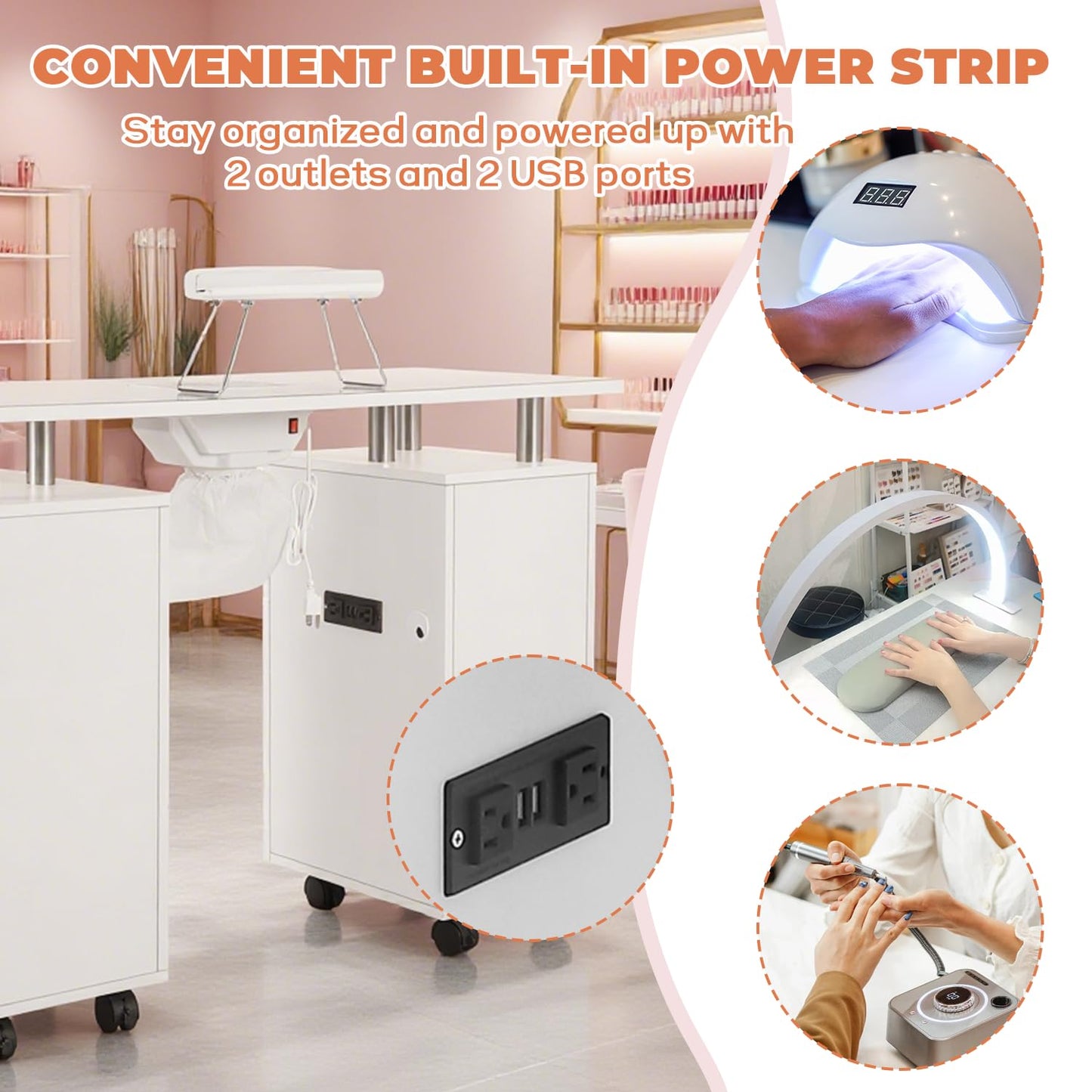 Manicure Table Nail Tech Desk with Electric Dust Collector, Nail Table Station w/Charging Socket, 4 Drawers, Lockable Wheels & 2 Wrist Rests – Professional Nail Station for Salon & Home, Snowy White
