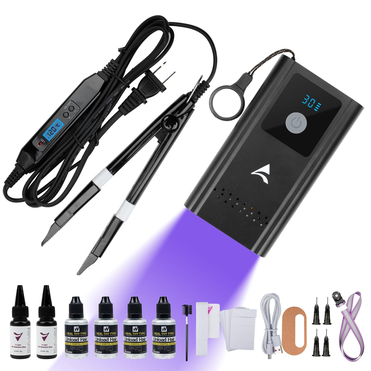 V Light Hair Extensions Kit Professional V Light Hair Extension Set With V Light hair extension machine, UV Light, V-light glue 20G * 4, glue remover 30ml * 2 Hair Extensions Tool Set