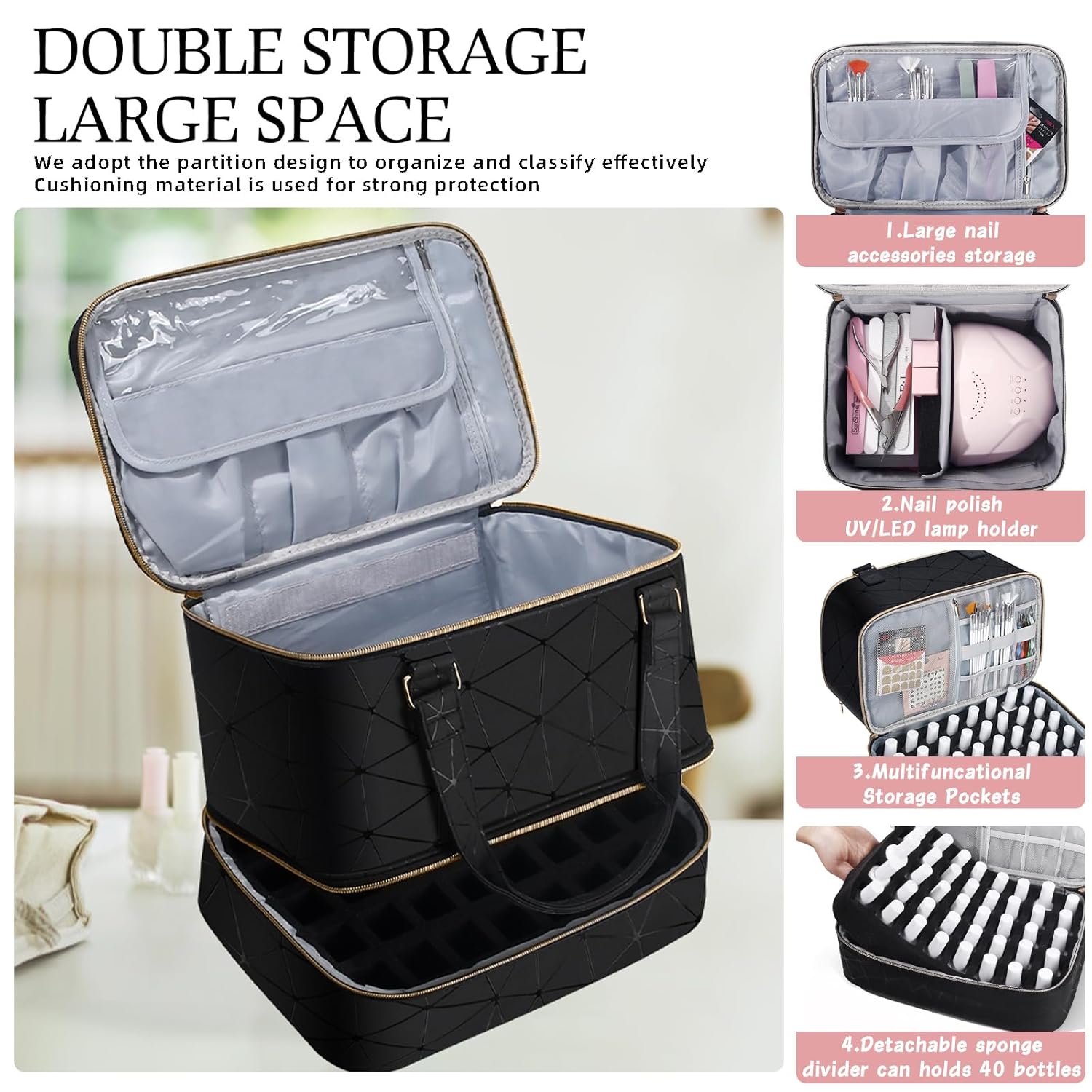 Nail Polish Organizer Bag with Travel Case for 30+ Bottles & Nail Lamp - Purple
