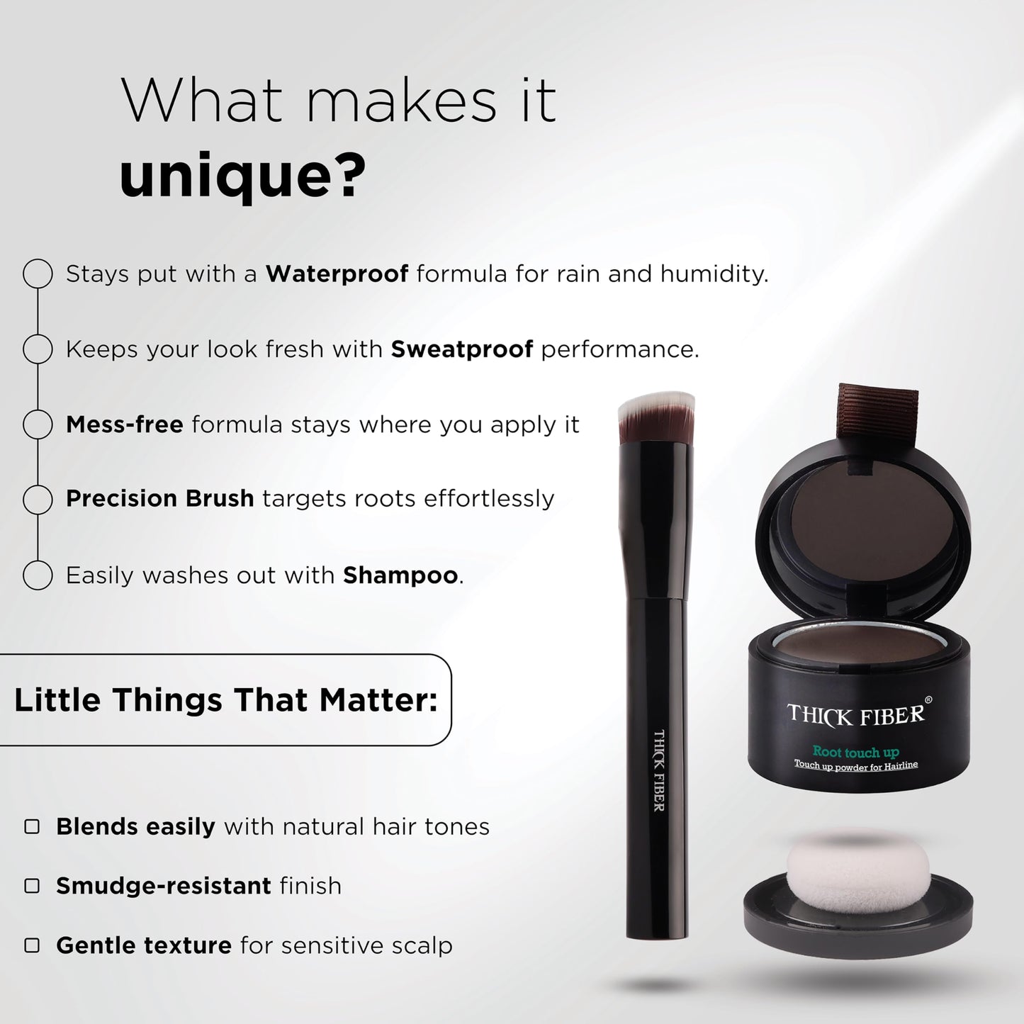 THICK FIBER Root Touch Up Powder - Water & Sweat Resistant Hair Loss Concealer Set for Thinning Hair Women, Includes Brush (Dark Brown)