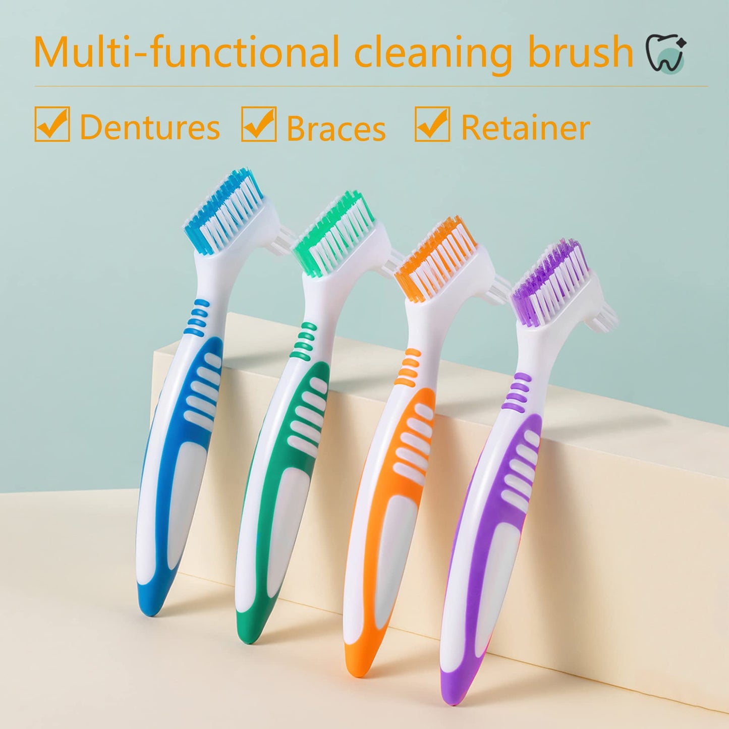 Octuitey Denture Brush 4Pcs Denture Toothbrushes,Denture Cleaning Care Cleaning Brush ,Double Sided Toothbrush,Multi-Layered Bristles and Rubber Anti-Slip Handle (Purple, Green, Blue, Orange)