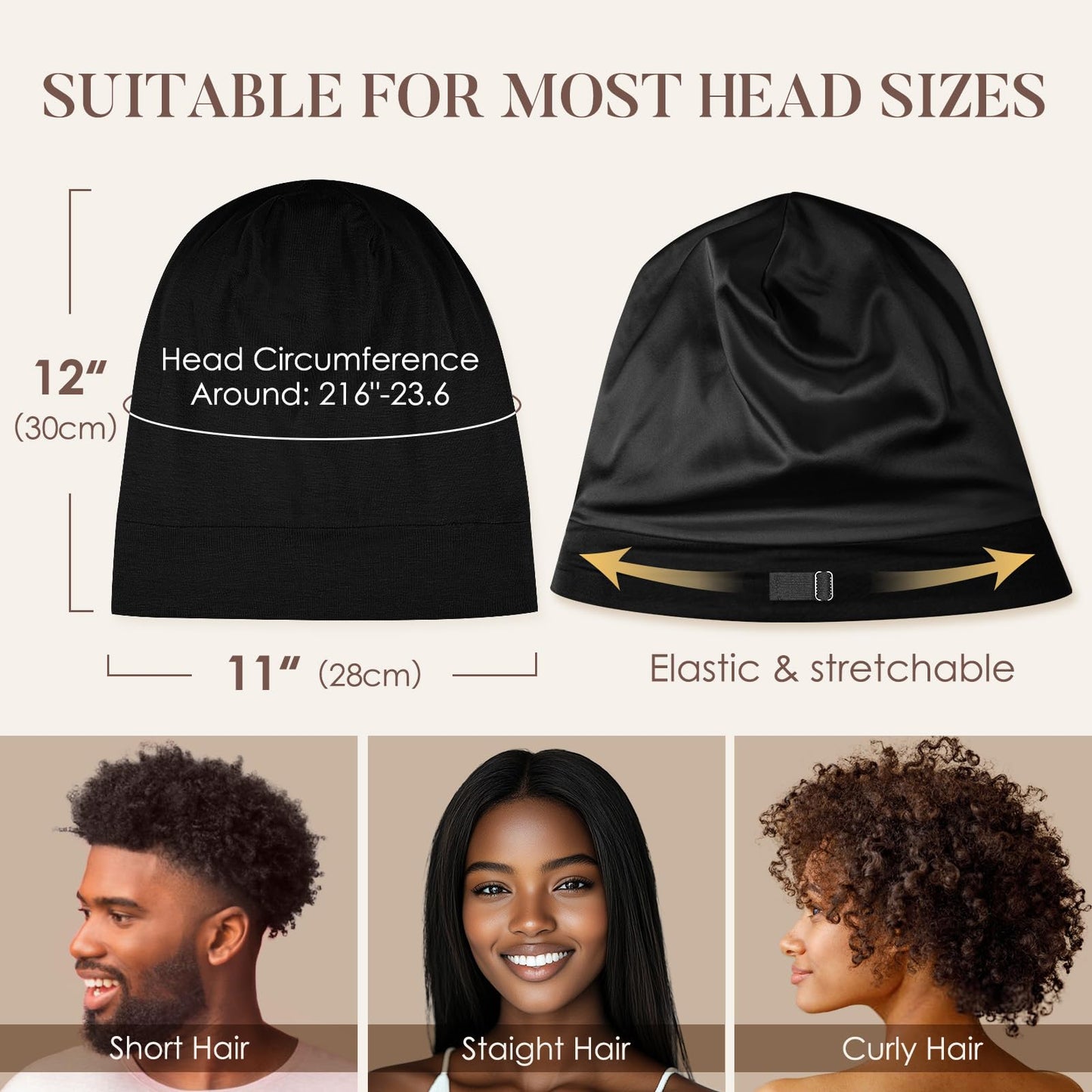 LULUSILK 100% Mulberry Silk Bonnet for Sleeping Women and Men, No More Frizzy Tangled Hair, Real Silk Sleep Cap for Curly Hair, Black, Pack of 1