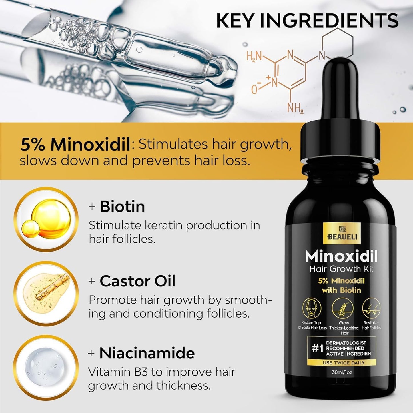 beaueli Minoxidil for Men Beard Growth Kit, Minoxidil for Women Hair Growth Kit, Hair Loss Treatments for Women Hair Regrowth Treatment, Minoxidil 5%, Black