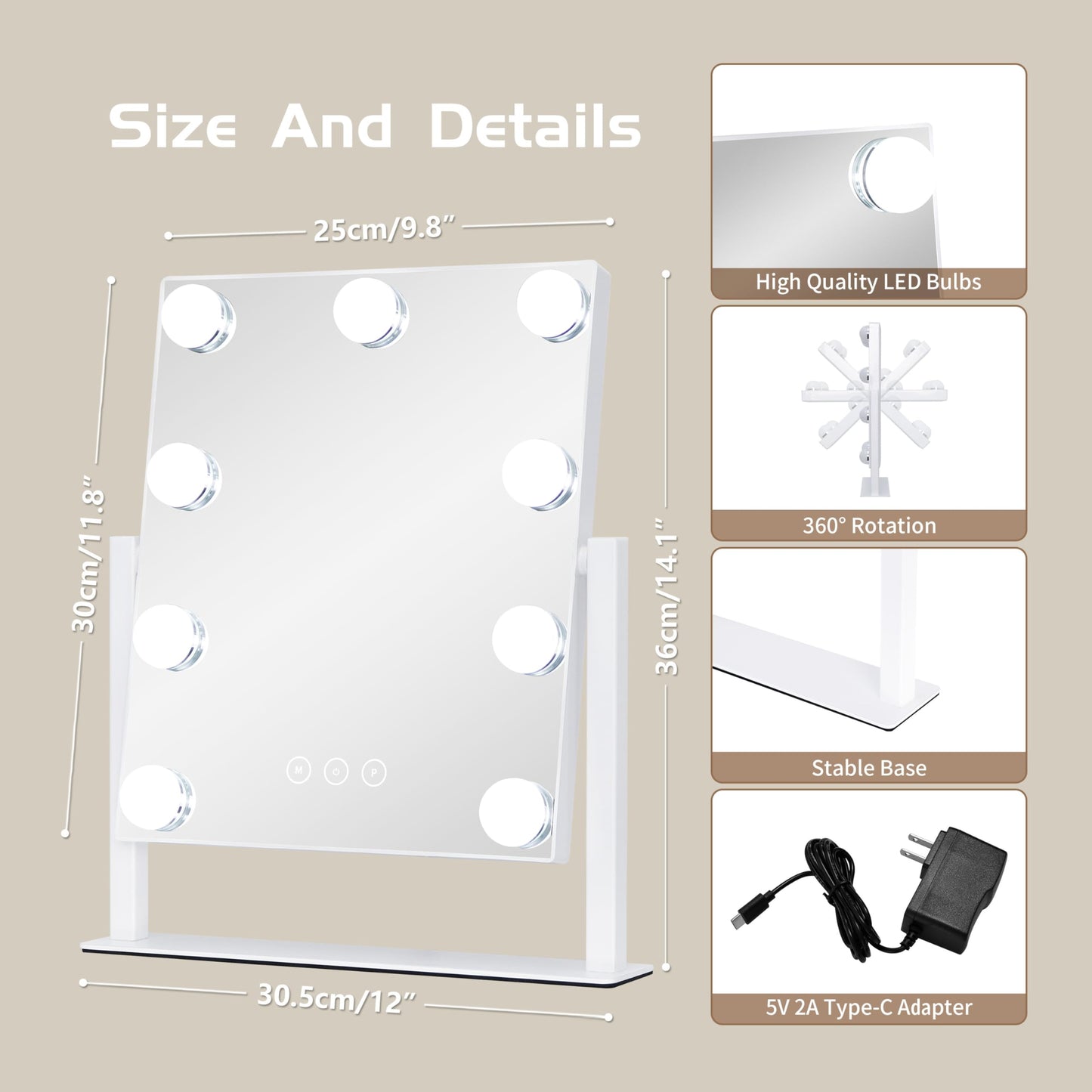 NUSVAN Vanity Mirror with Lights, Makeup Mirror with Lights,3 Color Lighting Modes Detachable 10X Magnification Mirror Touch Control,360°Rotation, White.