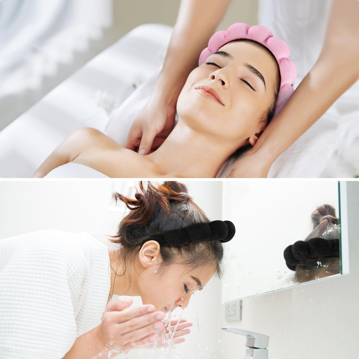 Ztomine Spa Headbands for Washing Face or Facial, Set of 2 Skincare Headbands, Terry Cloth Headband Wash Combo Pack - Puffy Makeup Washing, Mask, Skin Treatment (Black & Pink)