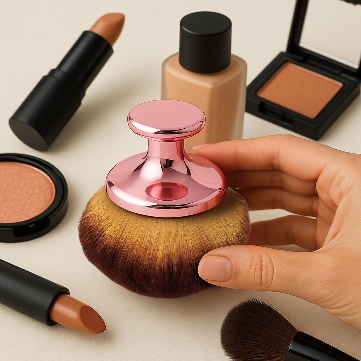 Extra Large Body Makeup Brush For Self Tanner, Leg Makeup &Bronzer Blend,90 mm Wide-headed Kabuki Brush Provides More Even &Pretty Application, Oval Face&Back Makeup Brush, Wet&Dry Use- Pink Rose Gold