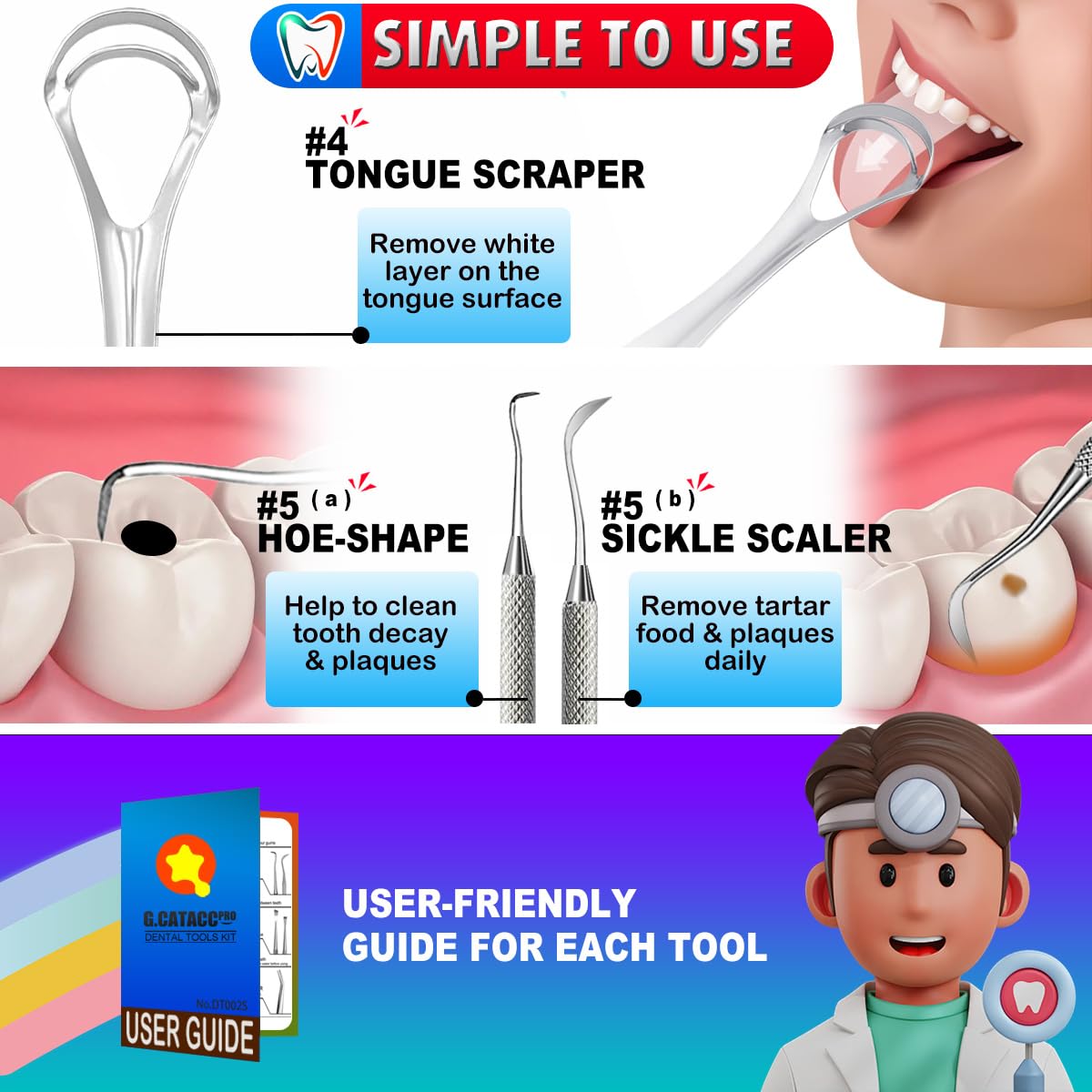 G.CATACC Dental Tools Teeth Cleaning Oral Care Hygiene Kit with Metal Dental Pick, Tongue Scraper Plaque Tartar Remover for Teeth - with Case