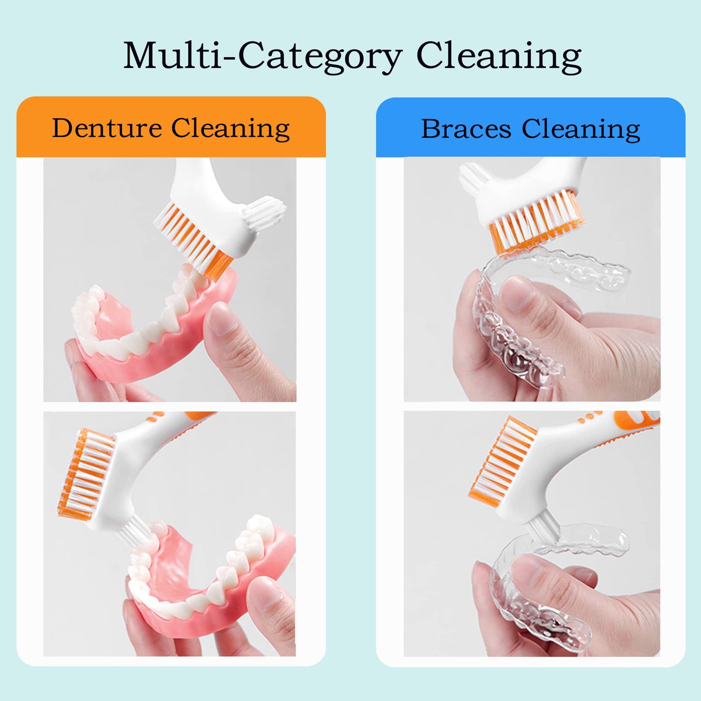 Octuitey Denture Brush 4Pcs Denture Toothbrushes,Denture Cleaning Care Cleaning Brush ,Double Sided Toothbrush,Multi-Layered Bristles and Rubber Anti-Slip Handle (Purple, Green, Blue, Orange)
