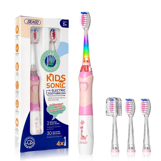 SEAGO Kids Electric Toothbrush with 2 Mins Timer and 4 Replacement Bursh Heads, Rainbow LED Light Make Brushing Fun, Pink Color Girls Battery Powerd for 4-12 Years Old,SG-977