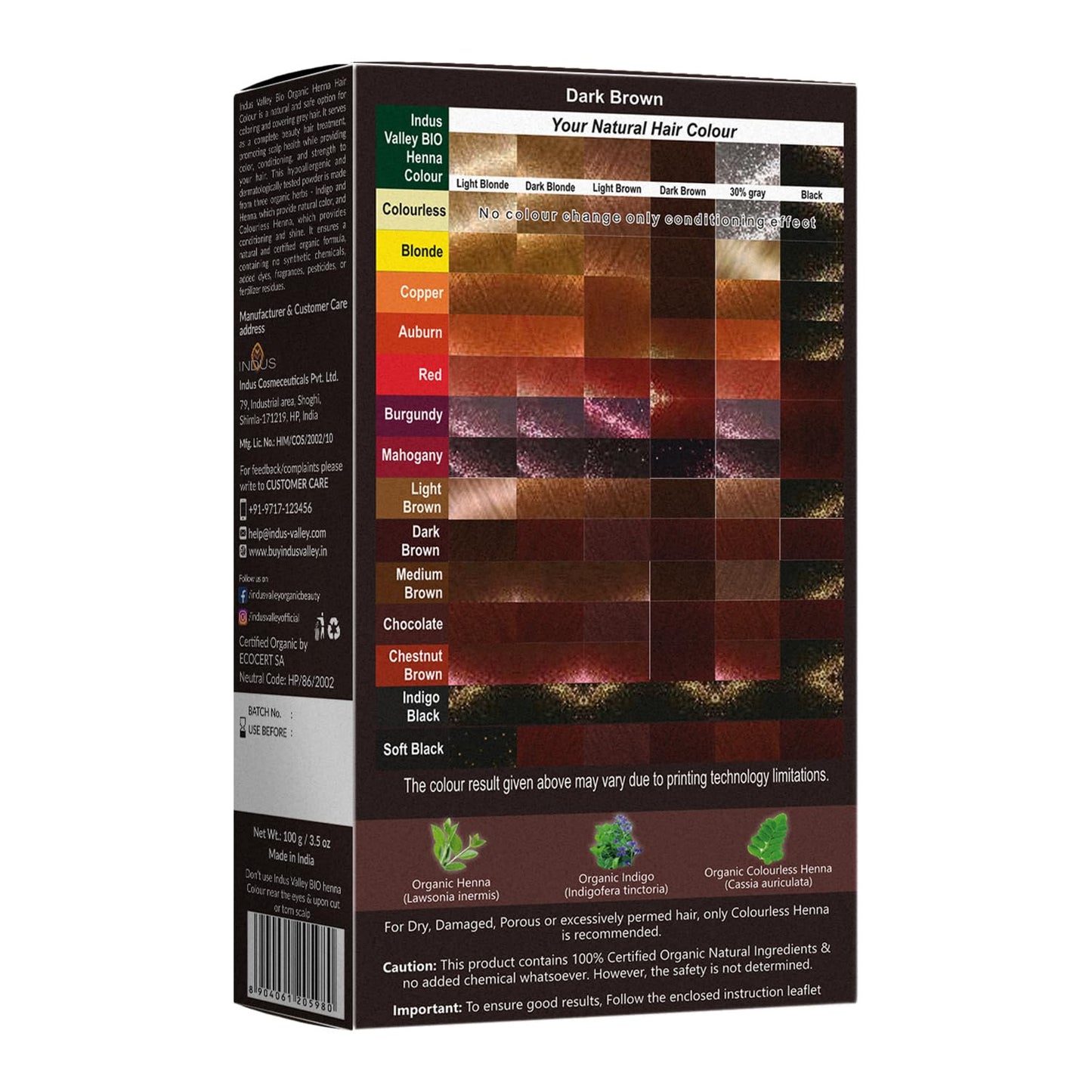 Indus Valley Bio Organic Natural Henna Powder For Hair Dye Dark Brown- 3.5 Oz