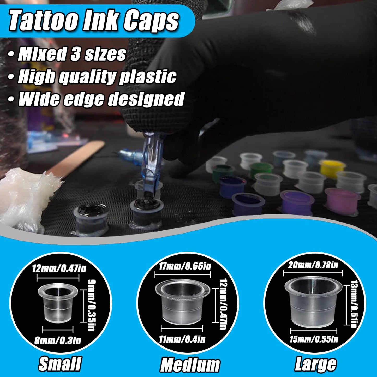 YONGDA 300pcs Disposable Tattoo Ink Cups (8mm/11mm/15mm) + 2 Black Ink Caps Holders + 100 Black Nitrile Gloves, Complete Tattoo Supplies Kit for Artists & Studio