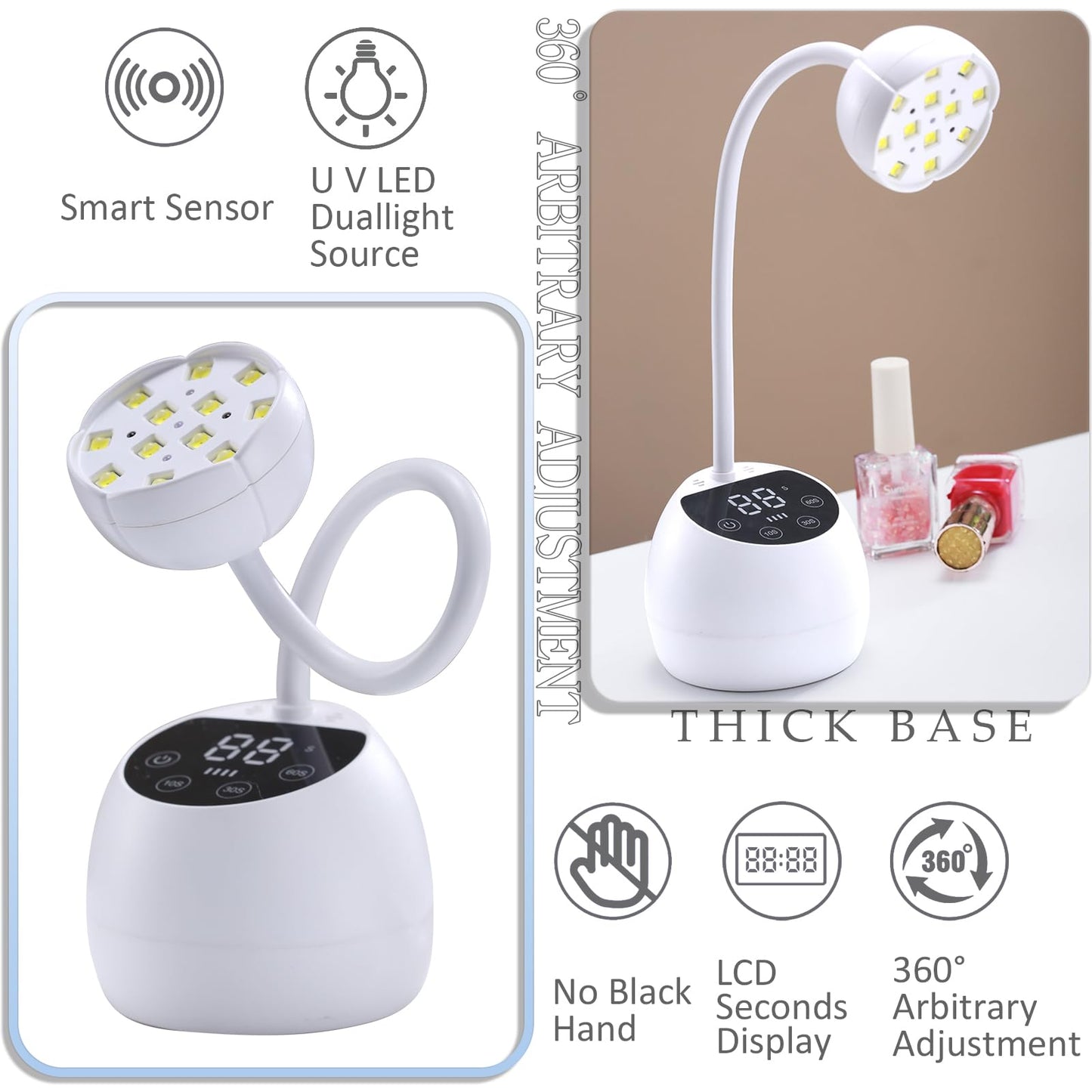 PHAIN Mini U V LED Nail Lamp with 3 Timers and LCD Display,36W Cordless Flash Cure Gel x Nail Lamp, Auto Sensor Gooseneck Portable USB Gel Nail Dryer U V Light for Home DIY, Pearl White, ML-10003