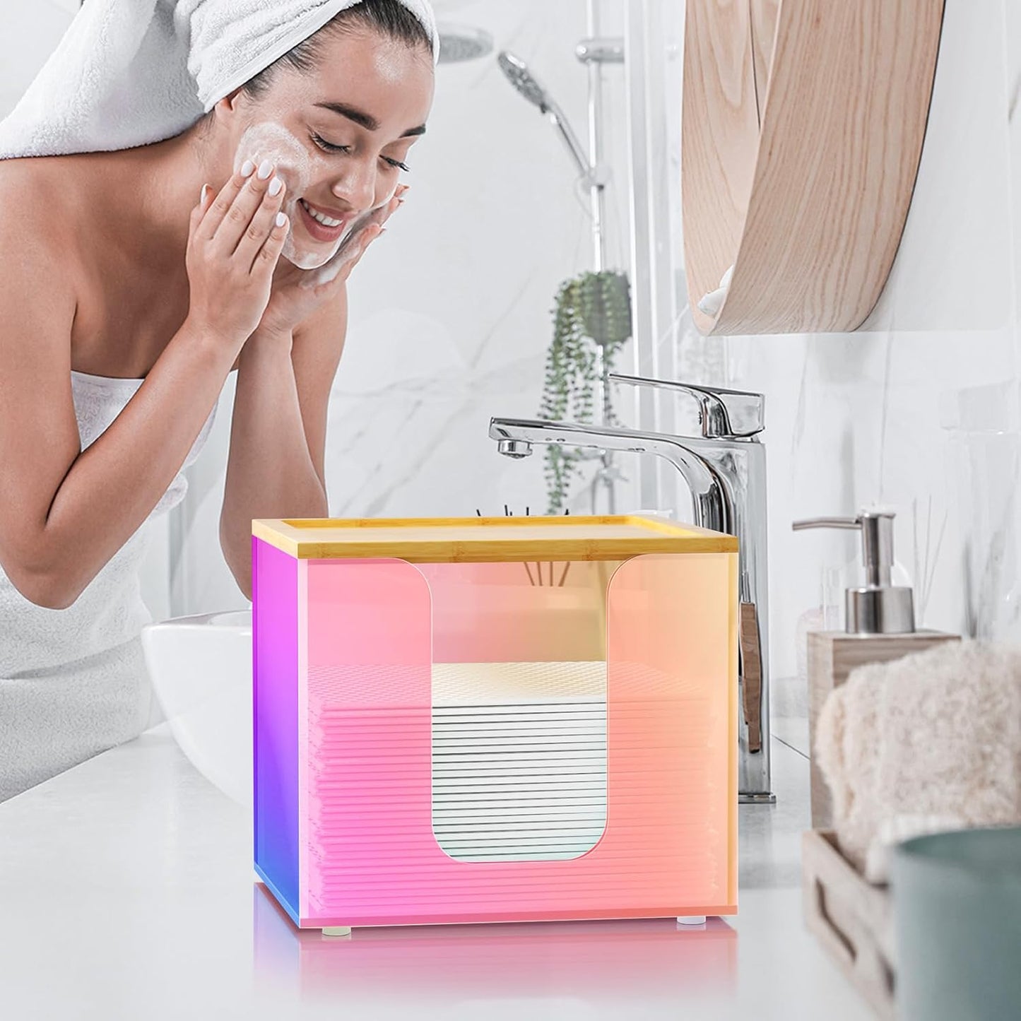 VITVITI Acrylic Face Towel Holder Box - Large Disposable Towel Storage with Bamboo Lid for Bathroom & Vanity