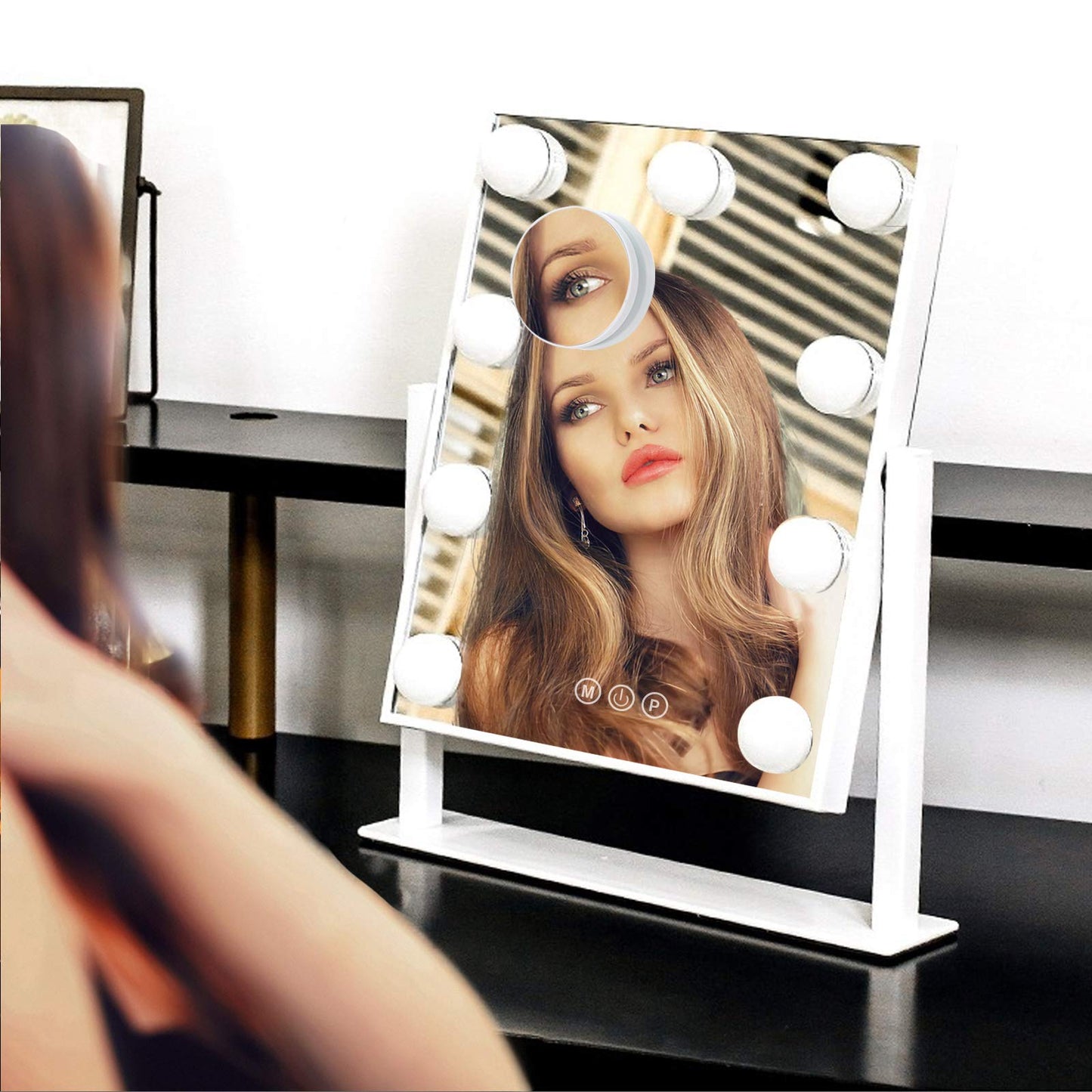 BWLLNI Lighted Makeup Mirror Hollywood Mirror Vanity Mirror with Lights, Touch Control Design 3 Colors Dimable LED Bulbs, Detachable 10X Magnification, 360°Rotation, (White) 12" L x 14" W