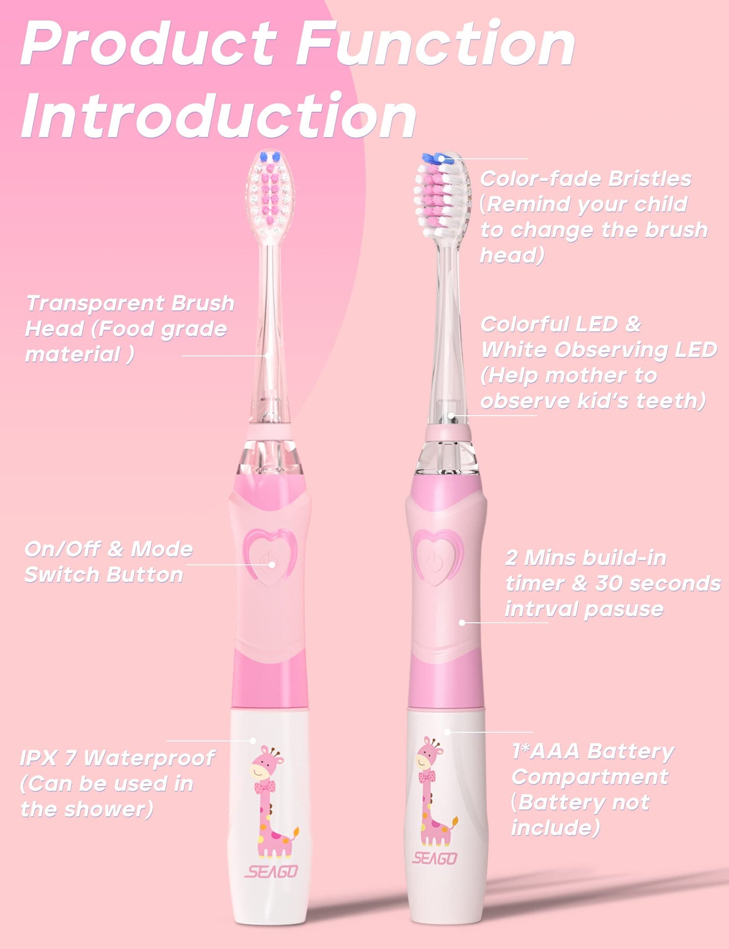 SEAGO Kids Electric Toothbrush with 2 Mins Timer and 4 Replacement Bursh Heads, Rainbow LED Light Make Brushing Fun, Pink Color Girls Battery Powerd for 4-12 Years Old,SG-977