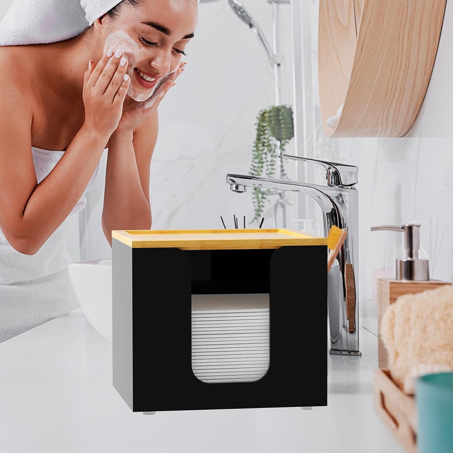 VITVITI Acrylic Face Towel Holder Box - Large Disposable Towel Storage with Bamboo Lid for Bathroom & Vanity