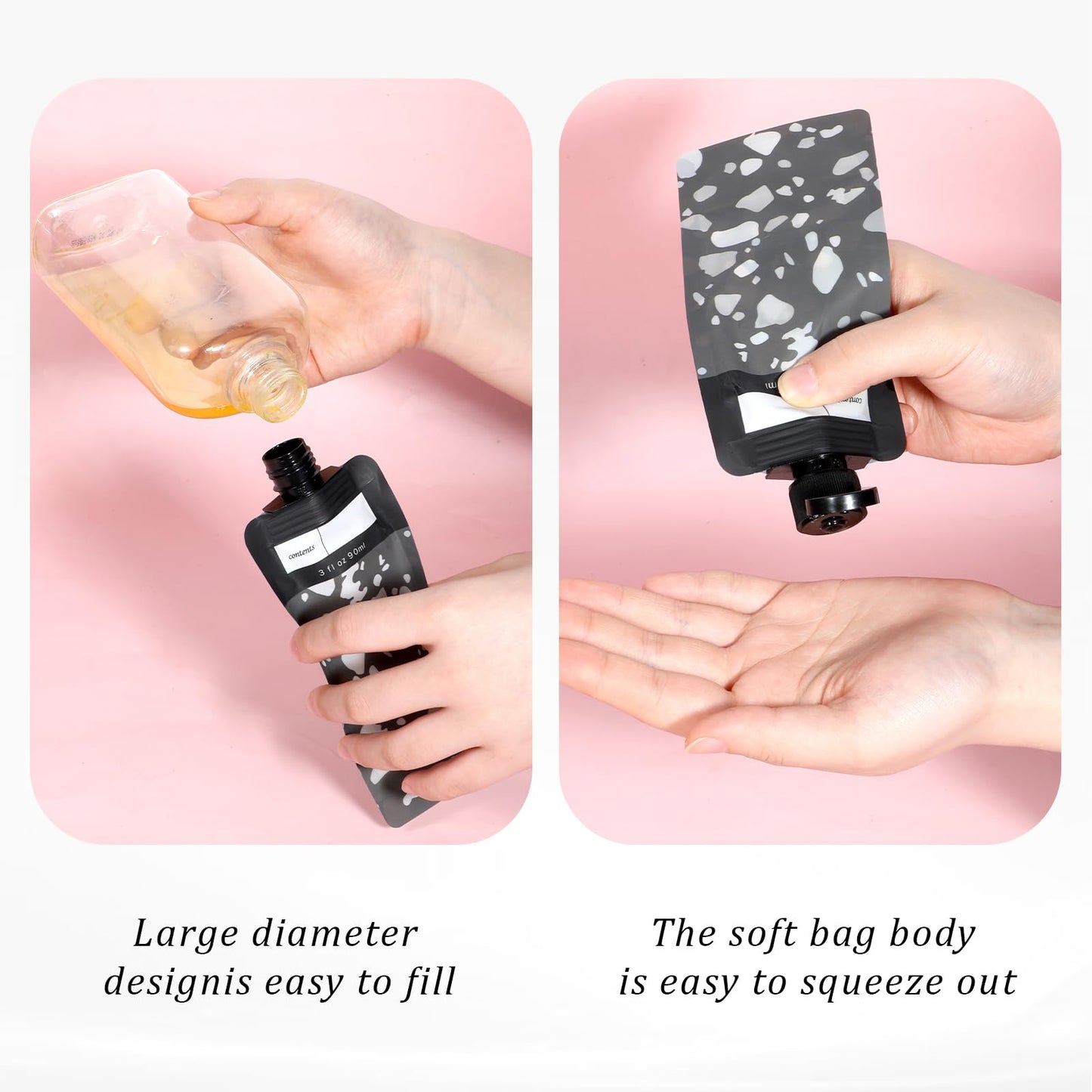 4 PCS Travel Pouches for Toiletries, 3oz Leak Proof Empty Squeeze Pouches, Refillable Travel Containers, Portable Travel Fluid Makeup Packing Pouches for Shampoo Conditioner Lotion Body Wash, Style 4