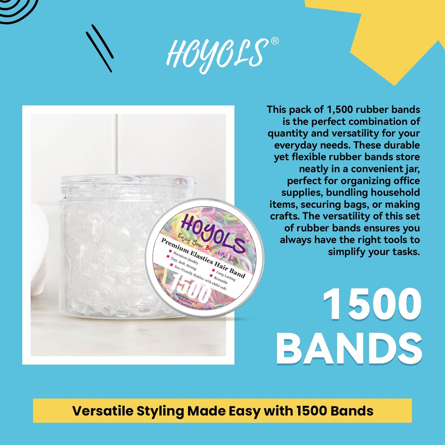 HOYOLS Clear Elastic Hair Rubber Bands, 1500pcs Mini Small Clear Ponytail Elastics Holders for Blond Kids Girls Hair No Crease Damage No Hurt 1 Inch TPU