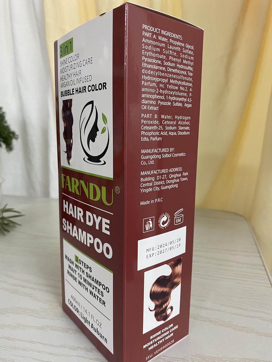 Farndu Light Auburn Hair Dye Shampoo for Women Men Gray Hair Coverage and Herbal Ingredients 3 In 1 Hair Color Shampoo