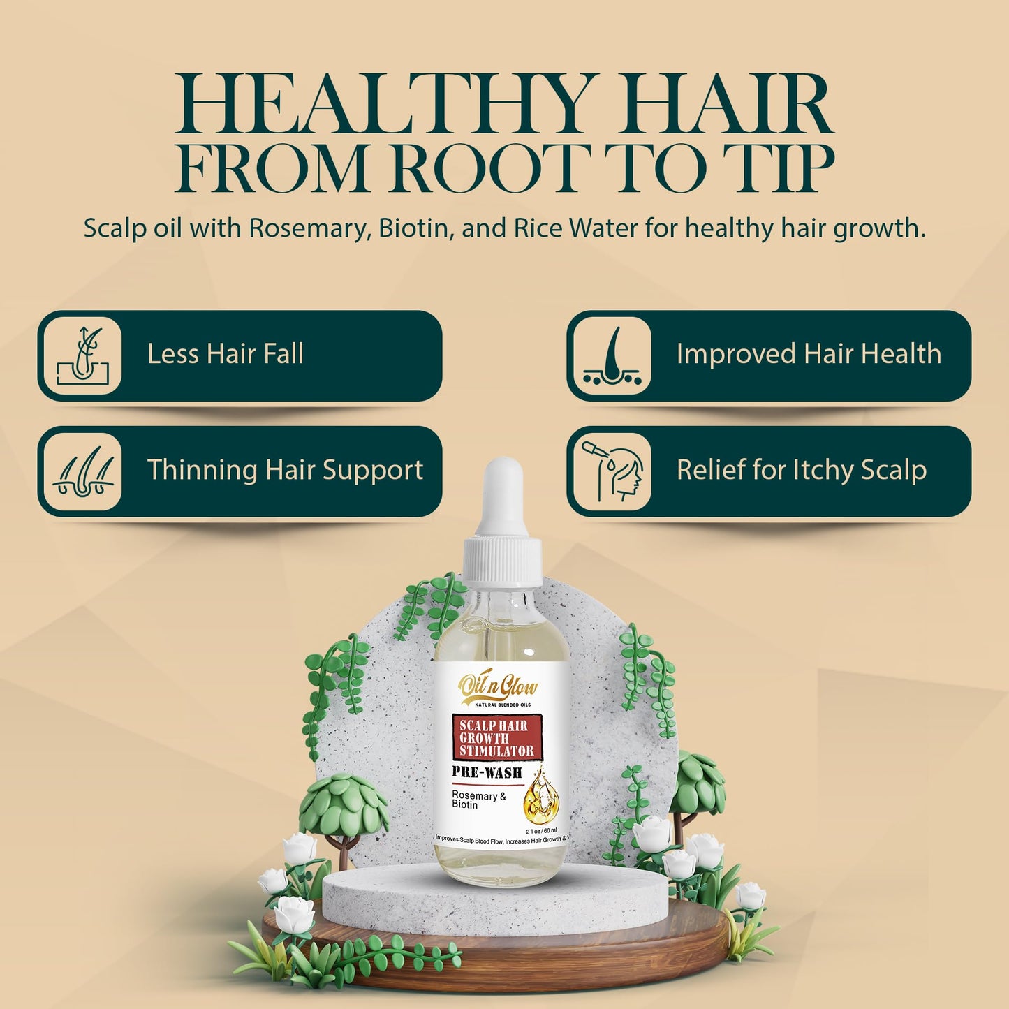 OilnGlow USDA Certified Natural Pre-Wash Scalp and Hair Treatment Oil with Organic Rosemary Oil & Biotin for Hair Growth, Pre-Shampoo Growth Stimulator Serum for Thinning Hair Loss - 2 Fl Oz