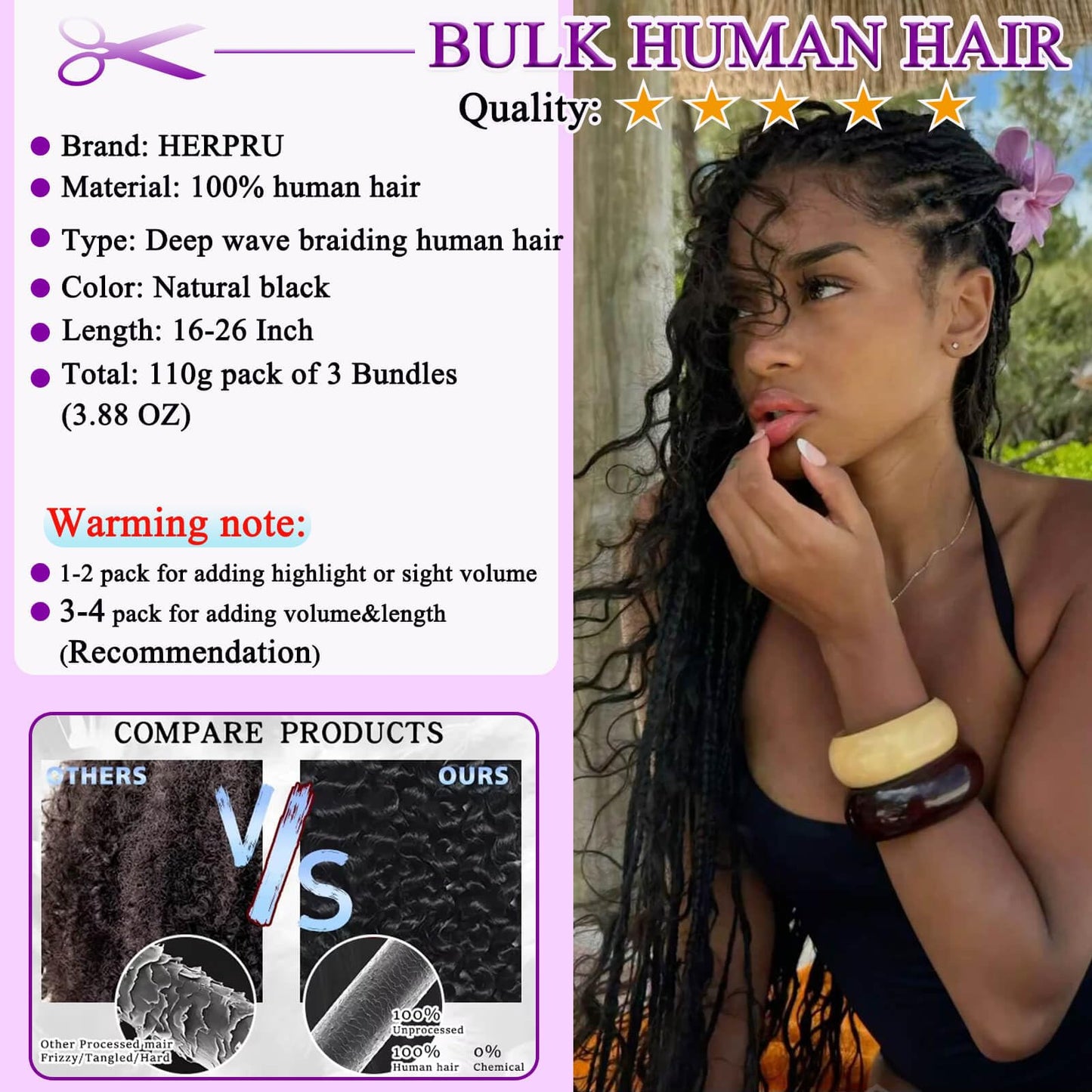 Boho Hair for Braiding 110g 24 Inch Deep Water Wave Boho Braids Human Hair No Weft 12A Brazilian Virgin Curly Bundles Human Hair Extensions 3 Braids/Pack Wet and Wavy Bundles Human Braiding Hair