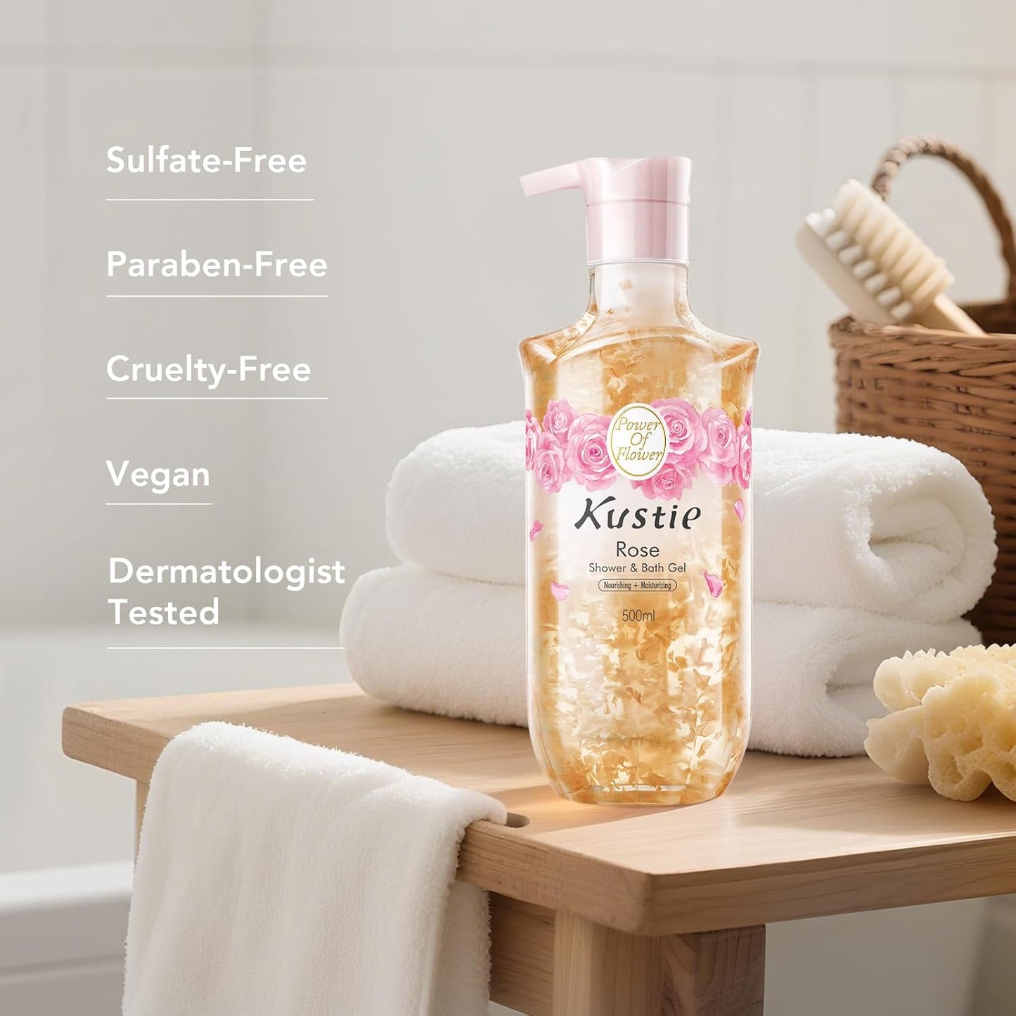 Rose Oil Anti-Aging Body Wash with Real Petals | Deep Moisturizing Shower Gel for Dry Skin, 16.9 fl oz