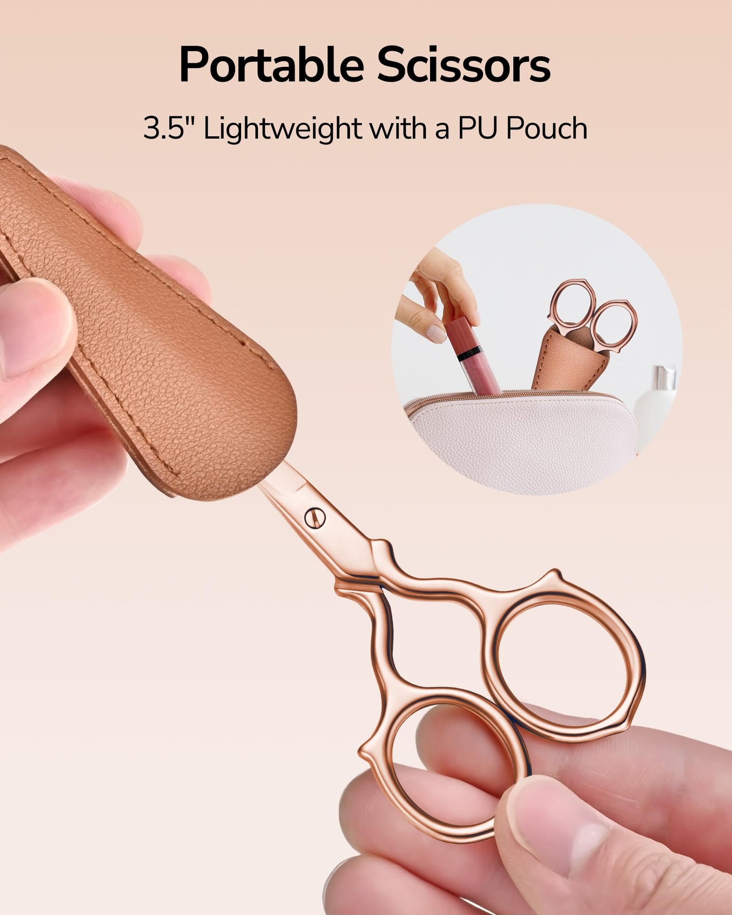 ULG Multi-Purpose Eyebrow Scissors Small Precision Grooming Kit for Women & Men – 3.7” Stainless Steel Beauty Scissors for Eyebrow, Eyelash, Nose Hair, Beard, Mustache with a PU Pouch, Rose Gold