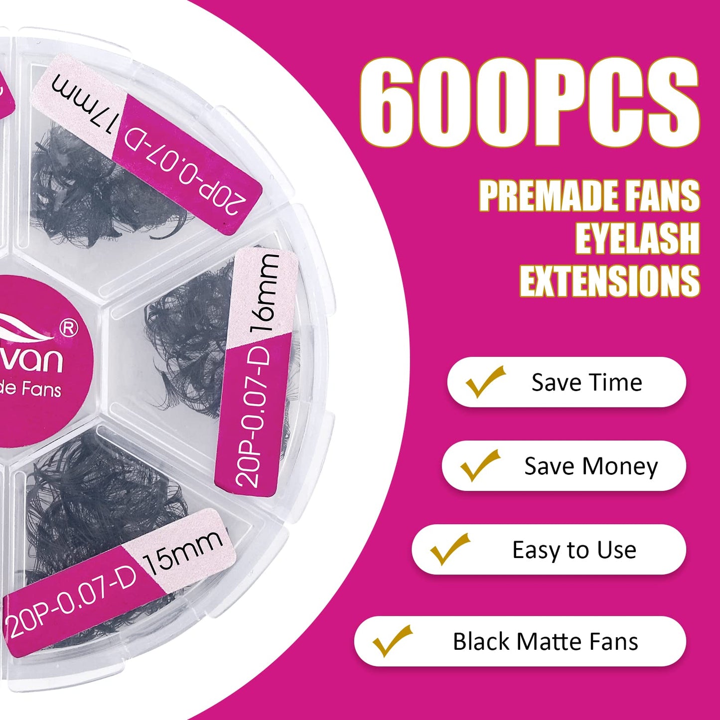 600 Premade Fans Eyelash Extensions Mixed Tray 15-20mm 20D Handmade Volume Eyelashes 0.07 Thickness Premade Lash Extensions Fans (20D-0.07D,15-20mm)