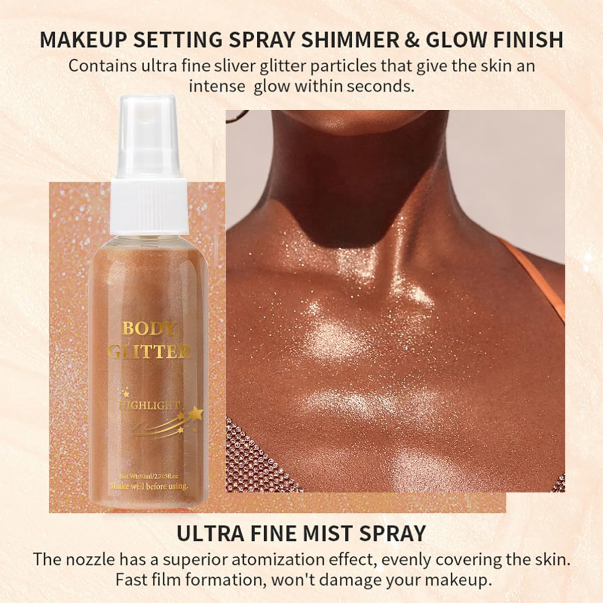 Body Glitter Spray Highlight, 4 Shimmering Color, Quick-Drying Formula Moisturizing Liquid Highlighter for Black/White Skin Women Men for Party, All Body Parts (03 Bronze)