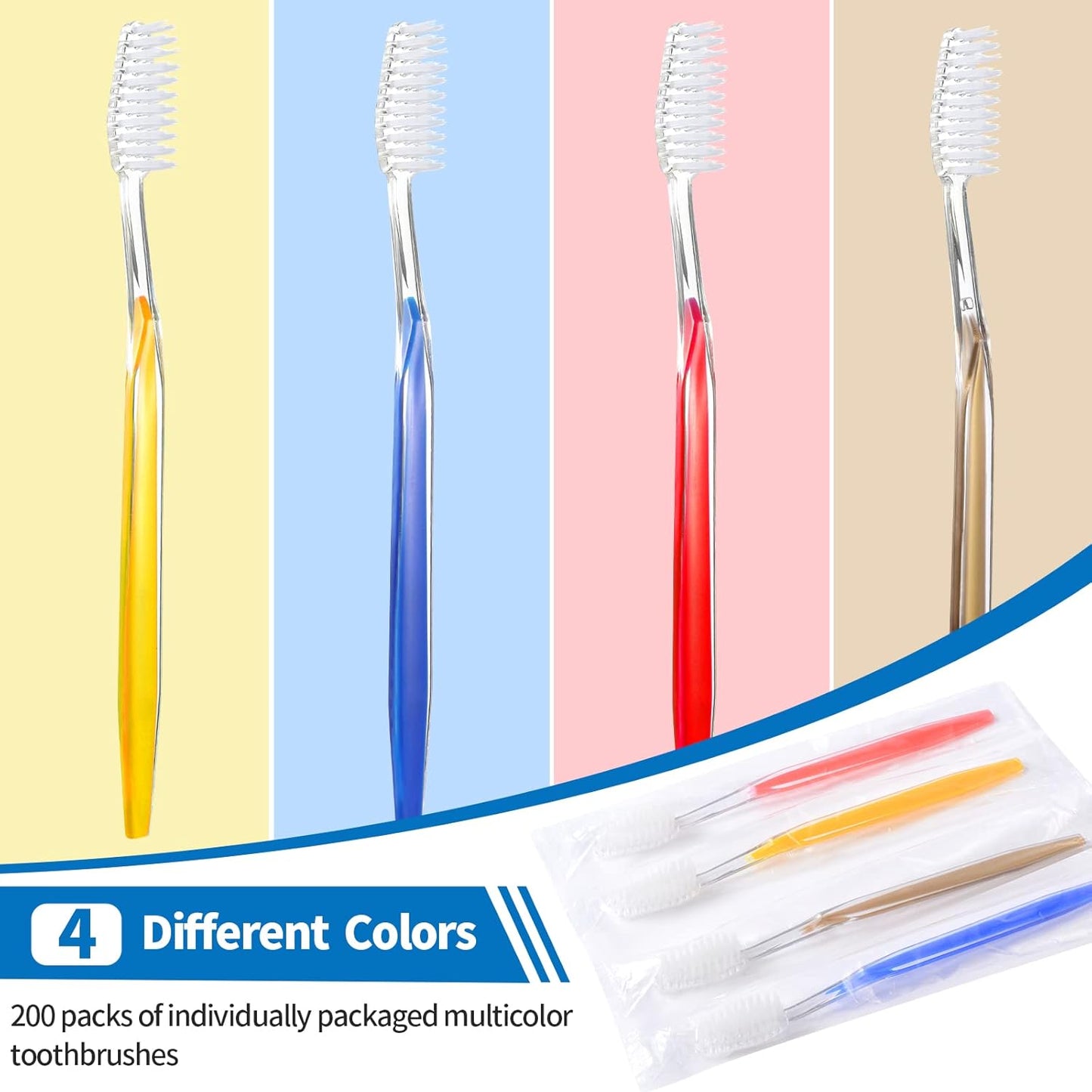 200 Individually Packaged Disposable Toothbrushes - Multi-Color Bulk Pack for Travel, Hotels & Camping