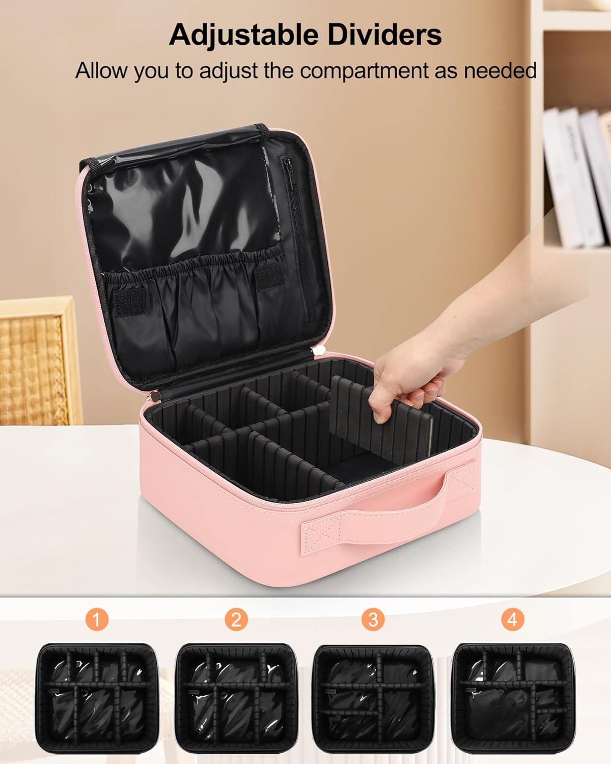 Relavel Portable Travel Makeup Case Organizer with Adjustable Dividers - Black Cosmetic Storage for Brushes, Toiletries & Jewelry