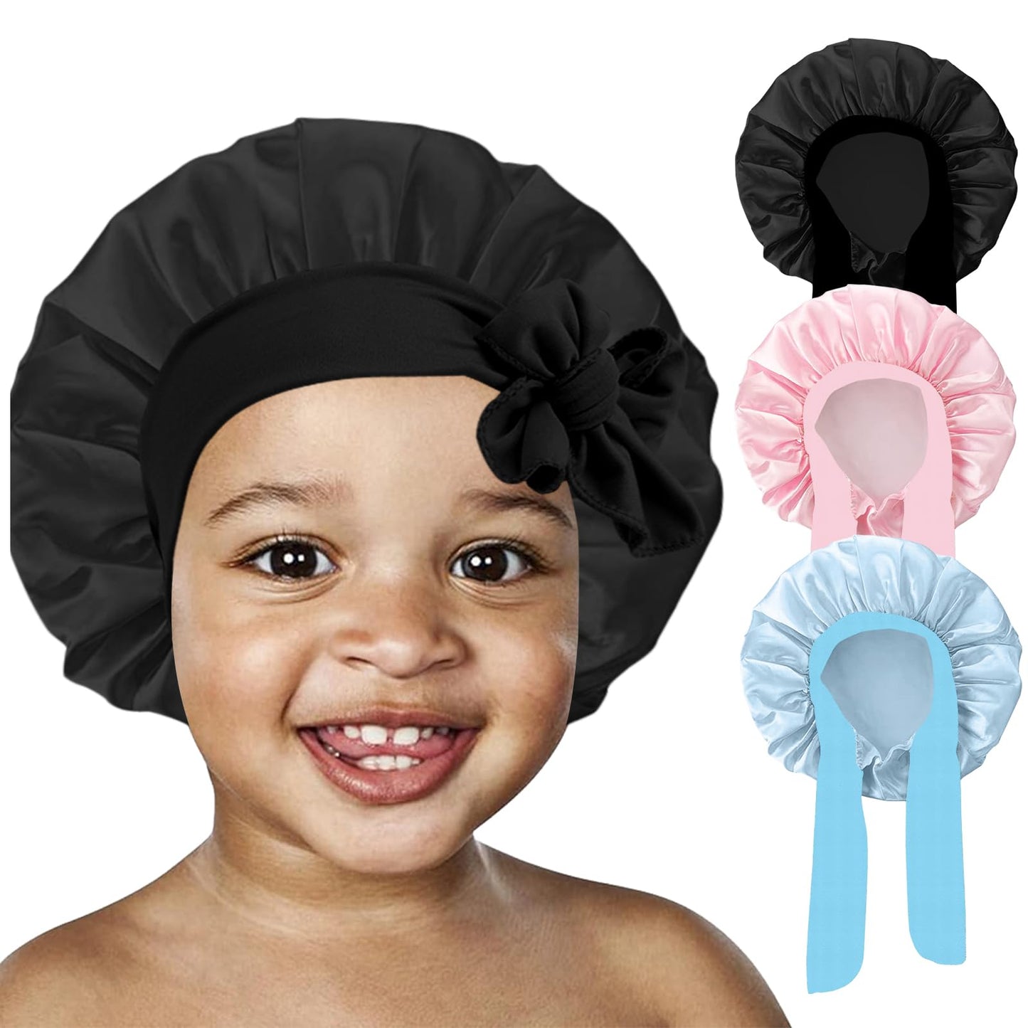 3 Pcs Kids Silk Bonnet for Sleeping - Baby Satin Bonnet for Sleep,Kids Hair Bonnets for Curly Hair Girls Boys with Wide Elastic Band,Sleeping Cap for Teens Toddler Child (Pink+Black+Light Blue)